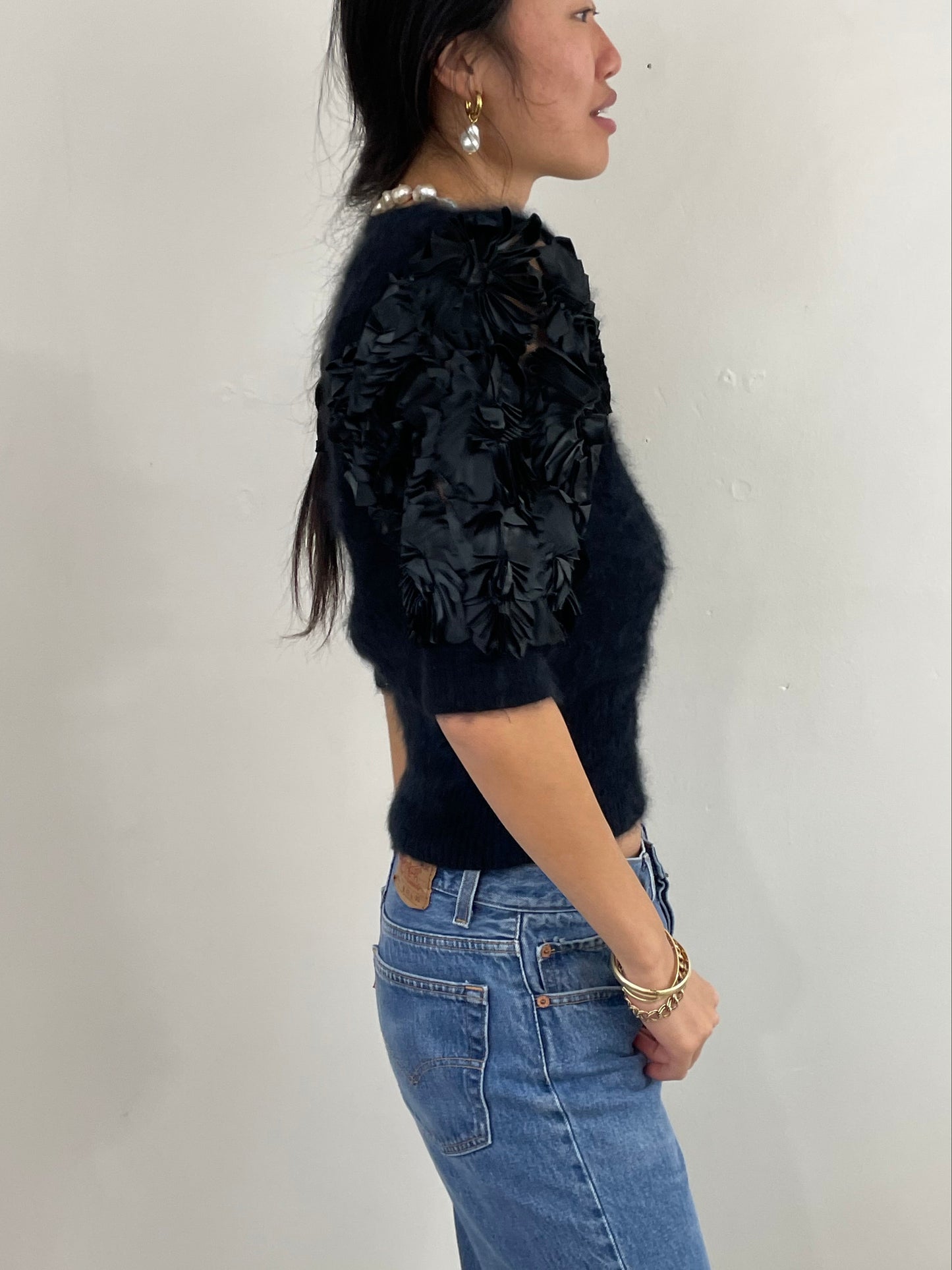 Vintage 80s Angora Puff Sleeve Black Fuzzy Sweater Med