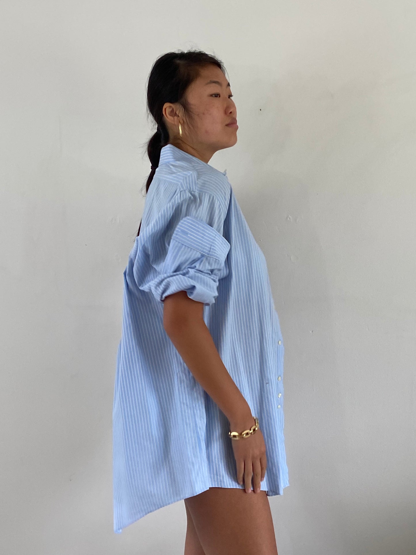 vintage baby blue boyfriend shirt | oversized cotton pinstripe Brooks Brothers mens button down shirt blouse | XL