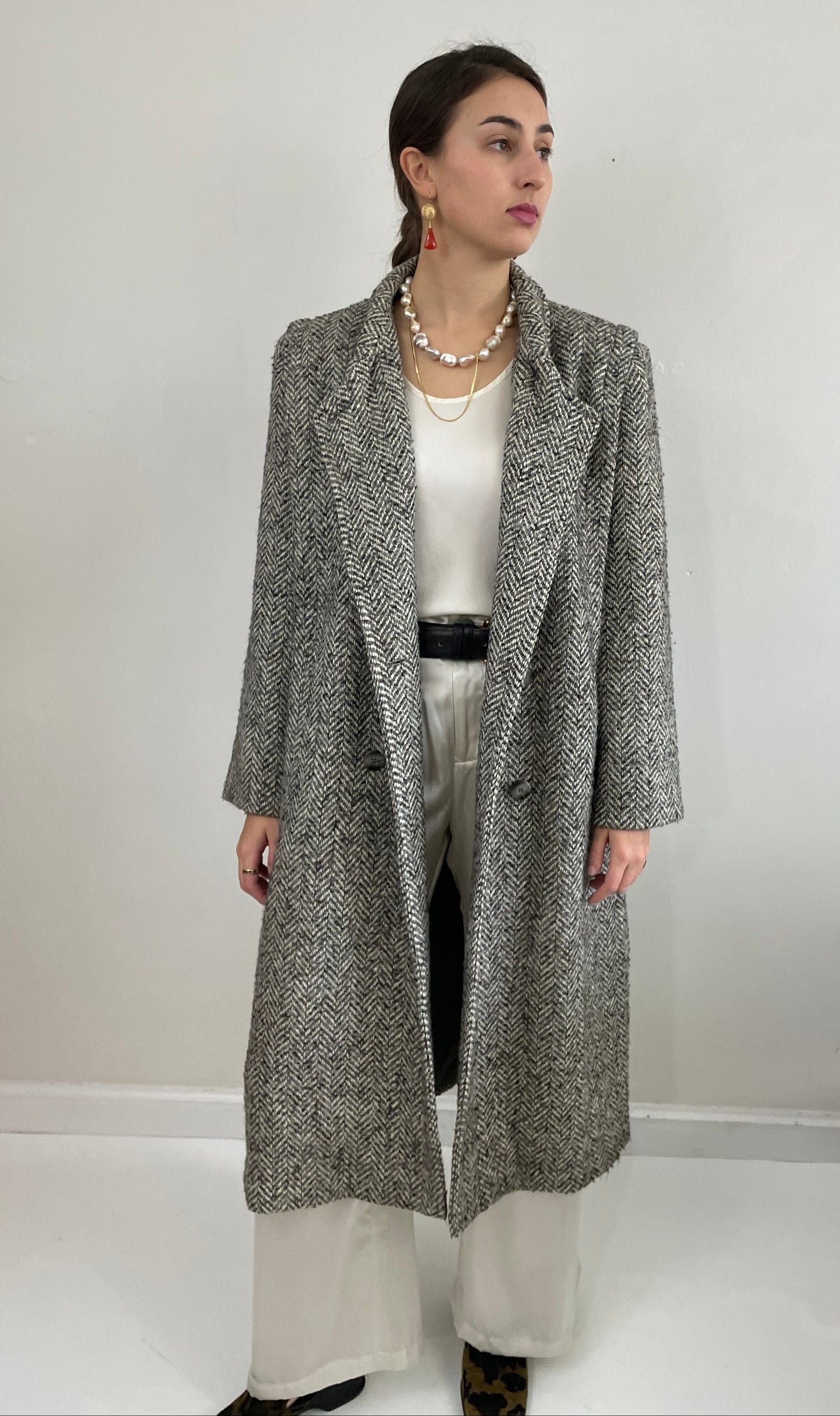 Vintage 90s Long Herringbone Tweed Double Breasted Overcoat Winter