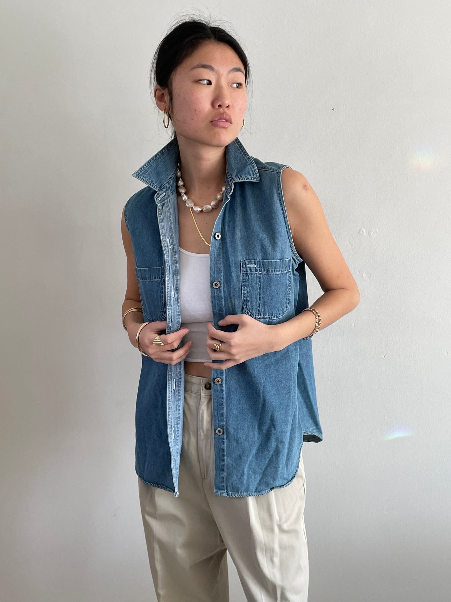 vintage Bill Blass sleeveless denim chambray blouse L