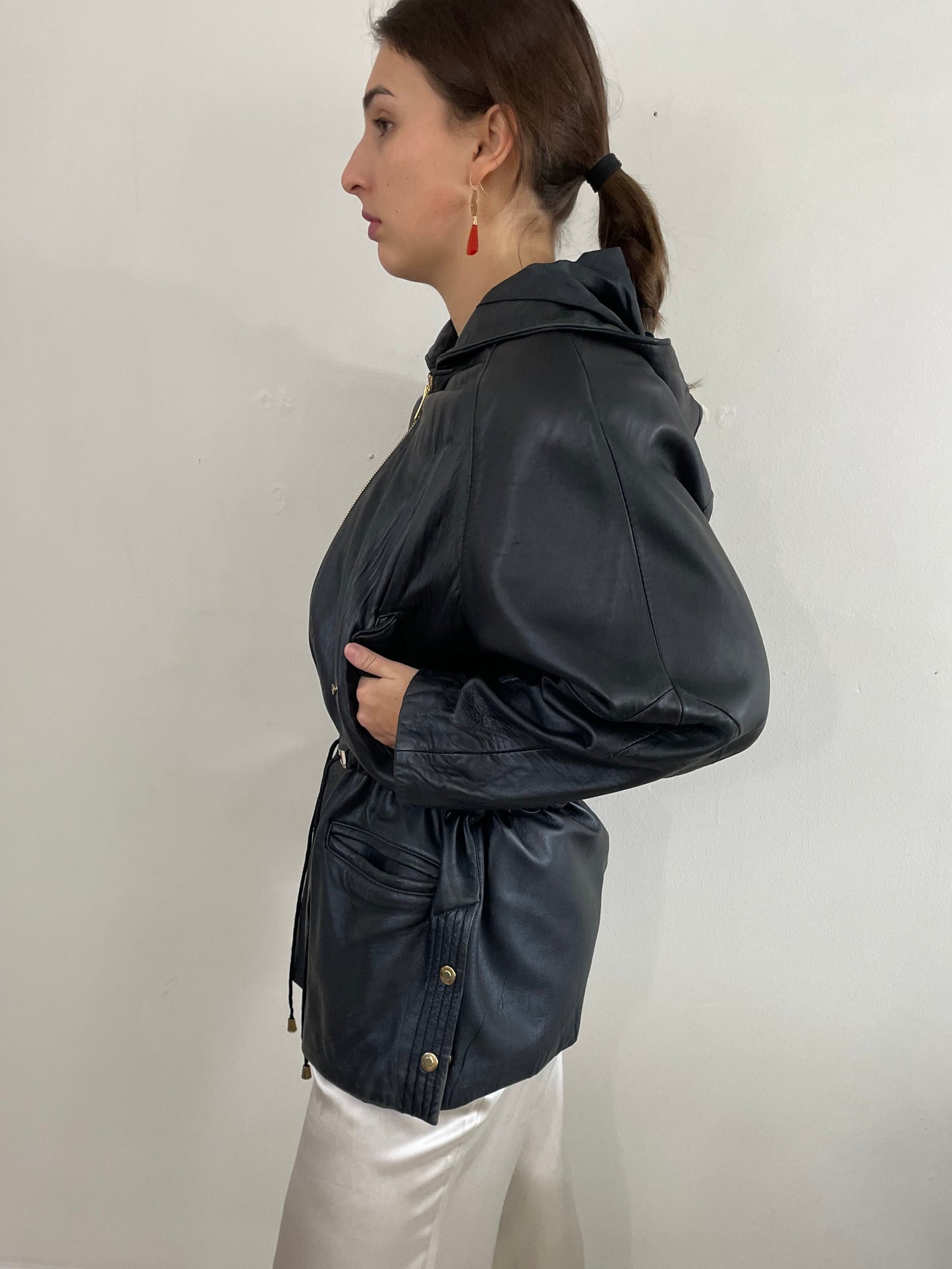Vintage 90s Black Leather Jacket: Hooded Raglan Sleeve Zip Front Coat Medium