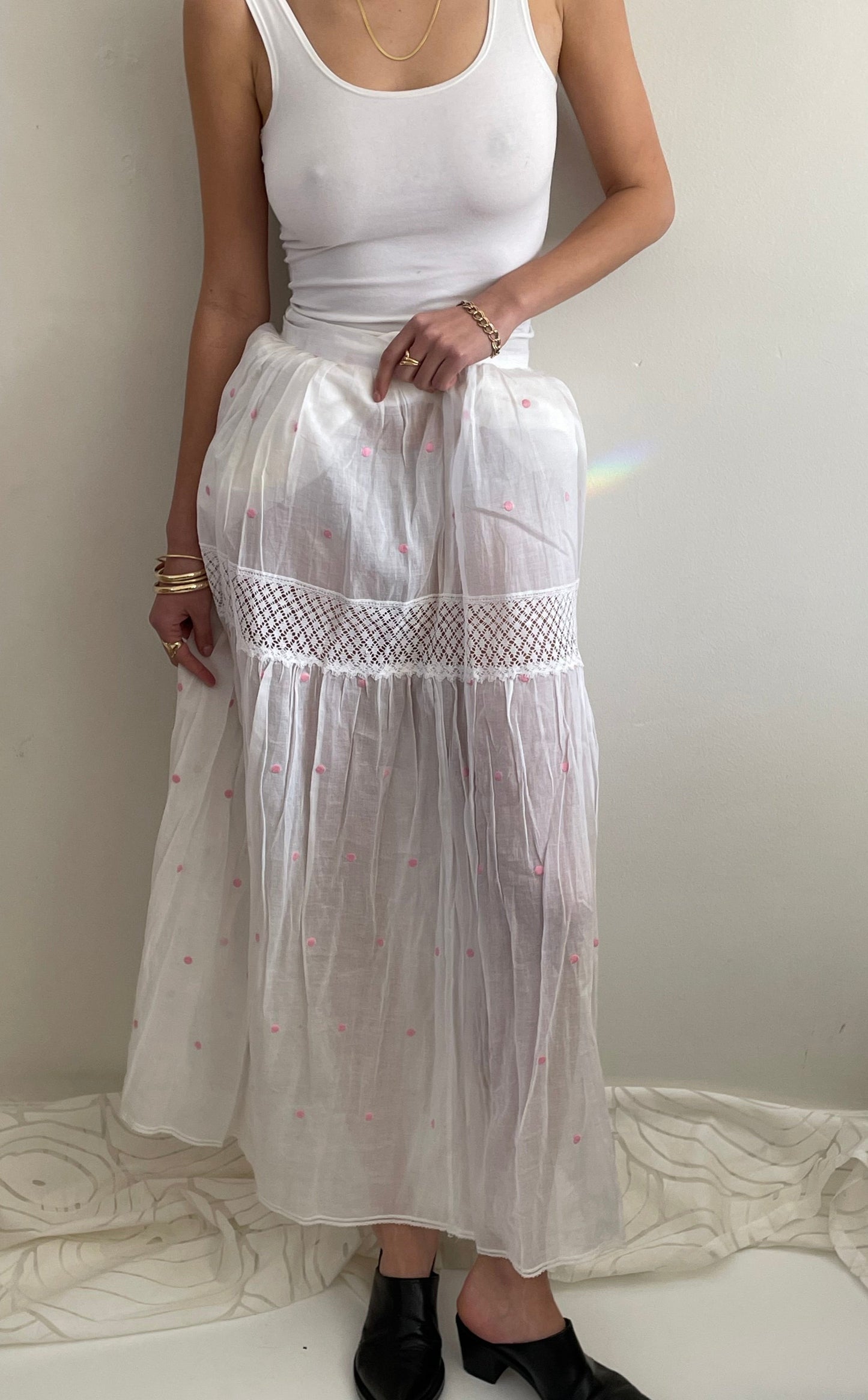 vintage white sheer cotton organza embroidered polka dot gathered maxi skirt | waist 29