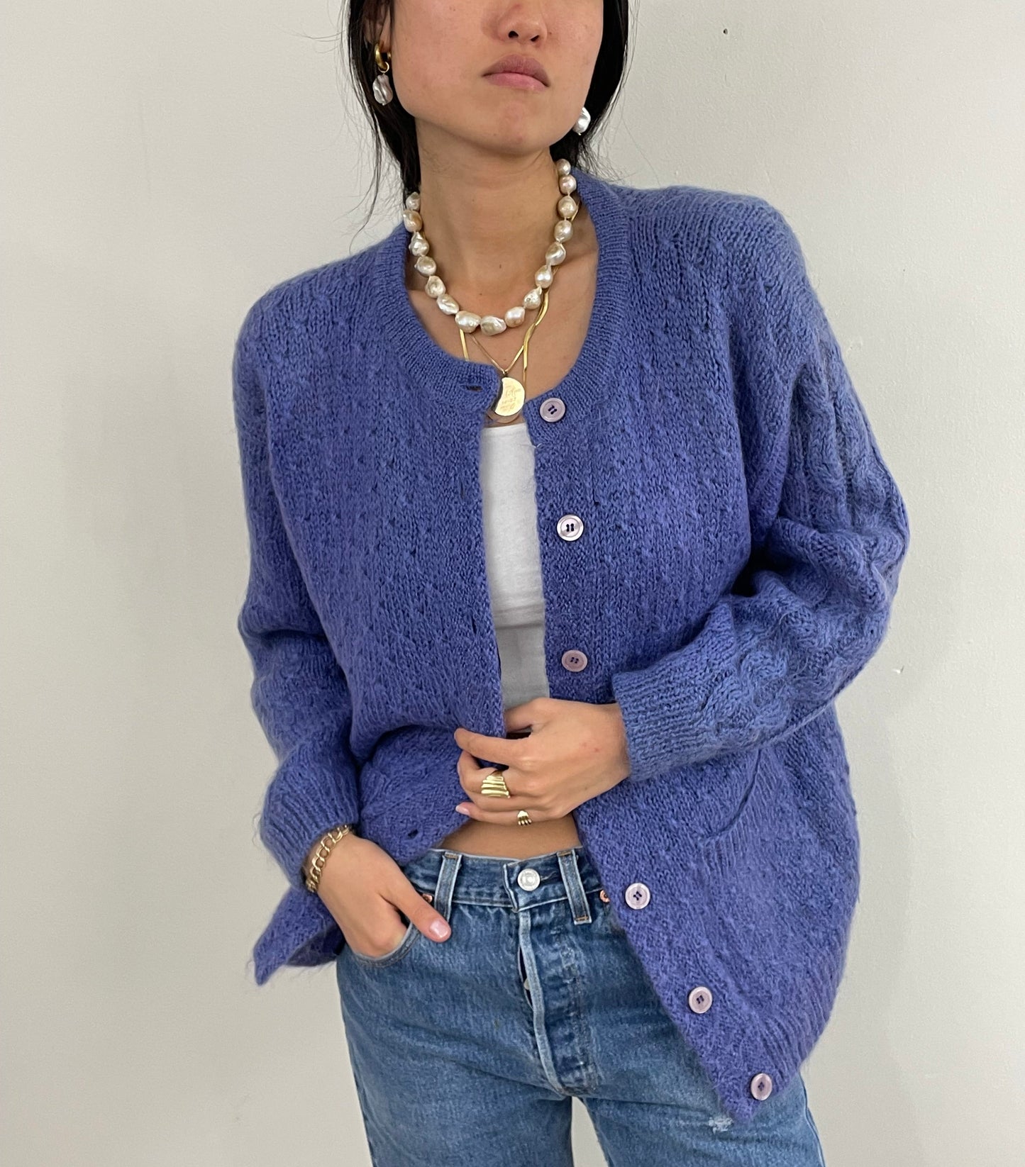 Vintage 90s Mohair Cable Knit Violet Oversized Shacket Sweater L