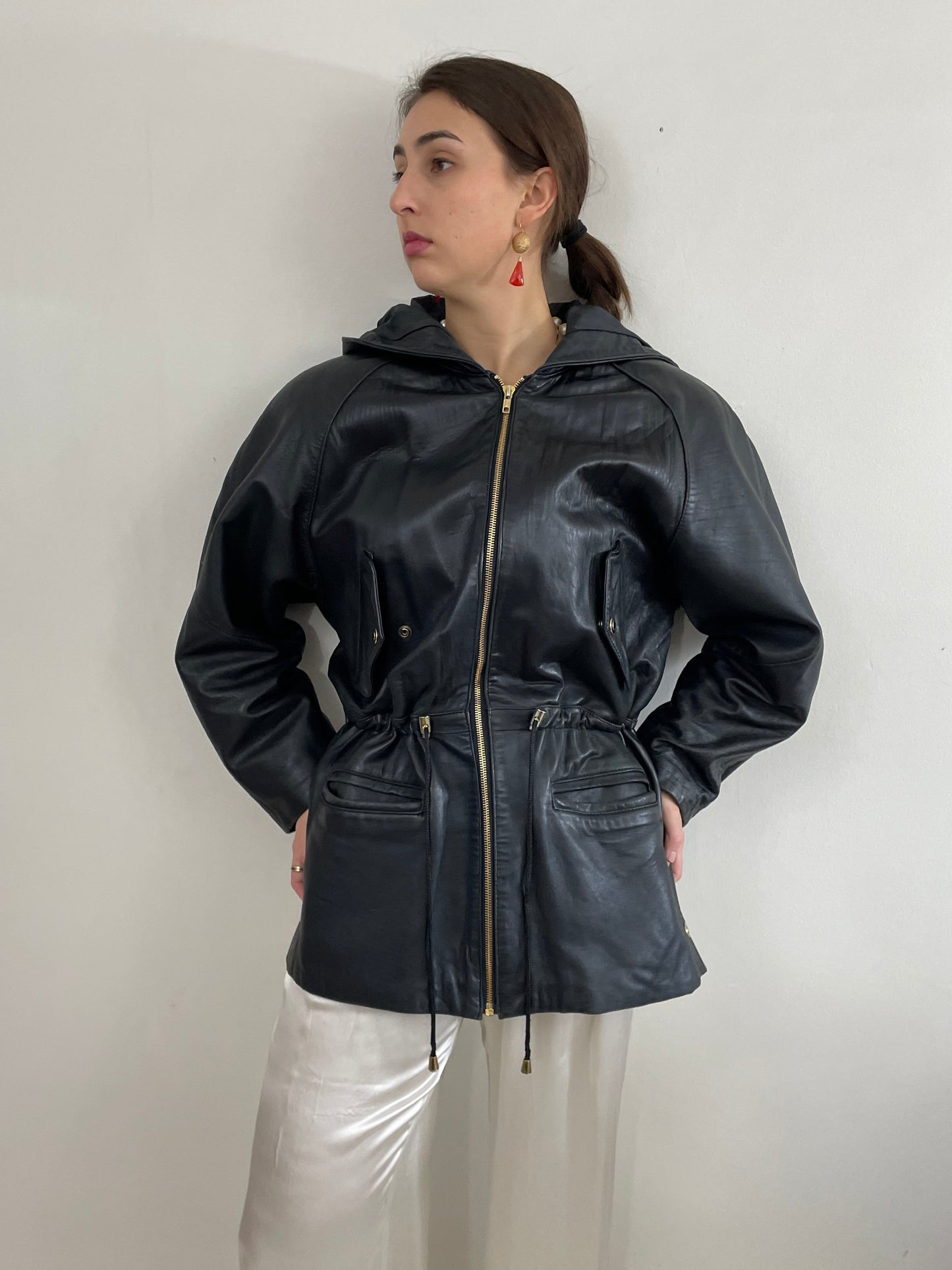 Vintage 90s Black Leather Jacket: Hooded Raglan Sleeve Zip Front Coat Medium