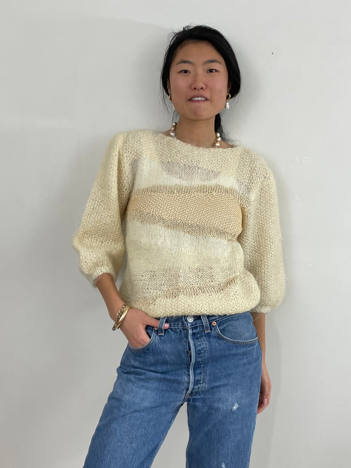 vintage 90s Handknit Mohair + Silk Ivory Fuzzy Boatneck Sweater