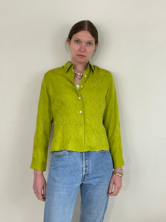 vintage 90s 100% silk blouse cropped chartreuse lime silk jacquard petite blouse Small