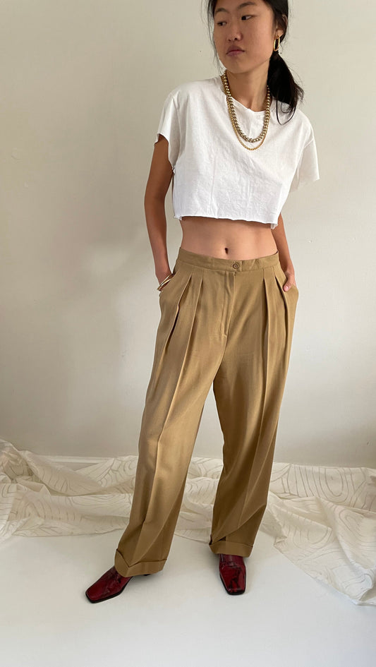 vintage 90s camel pleated wool baggy cuffed wide leg pants Large