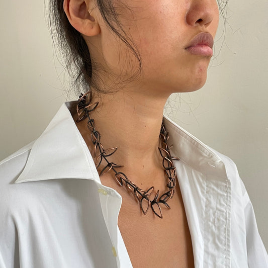 Vintage Handcrafted Copper Leaf Twig Branch Brutalist Necklace Jewelry