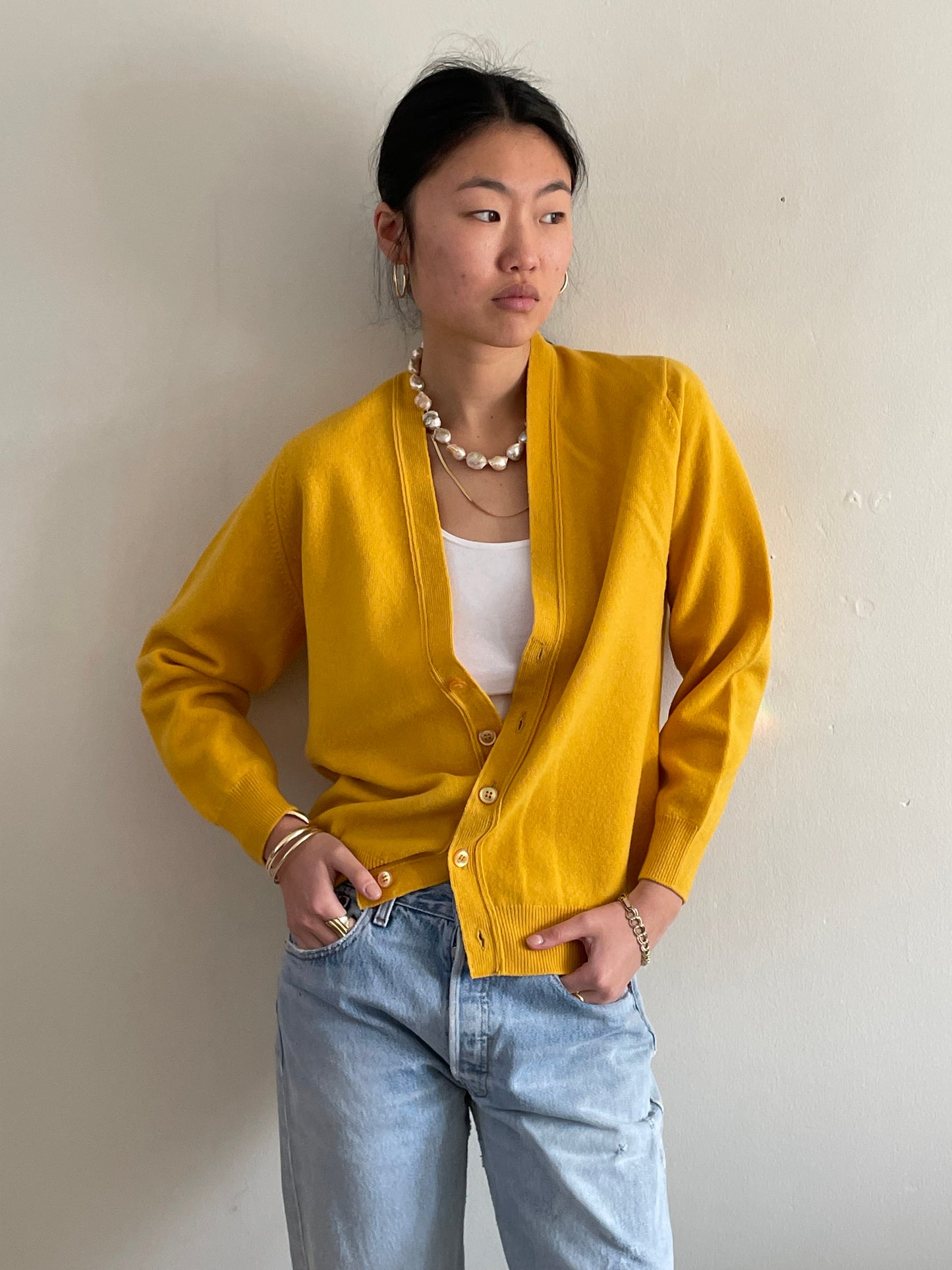 vintage 1950s HAWICO lambswool mustard yellow grandpa cardigan sweater