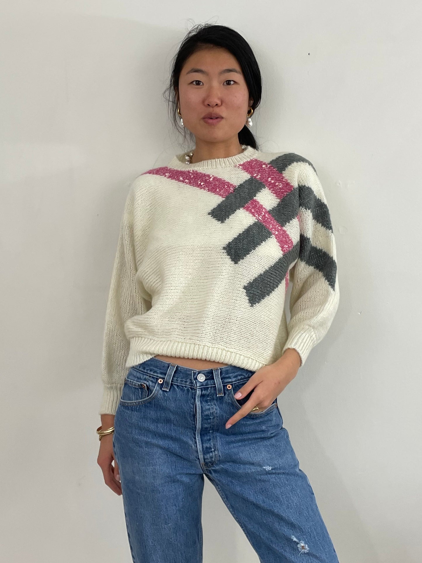 Vintage 90s Striped Batwing Acrylic Wool Blend Fuzzy Intarsia Sweater