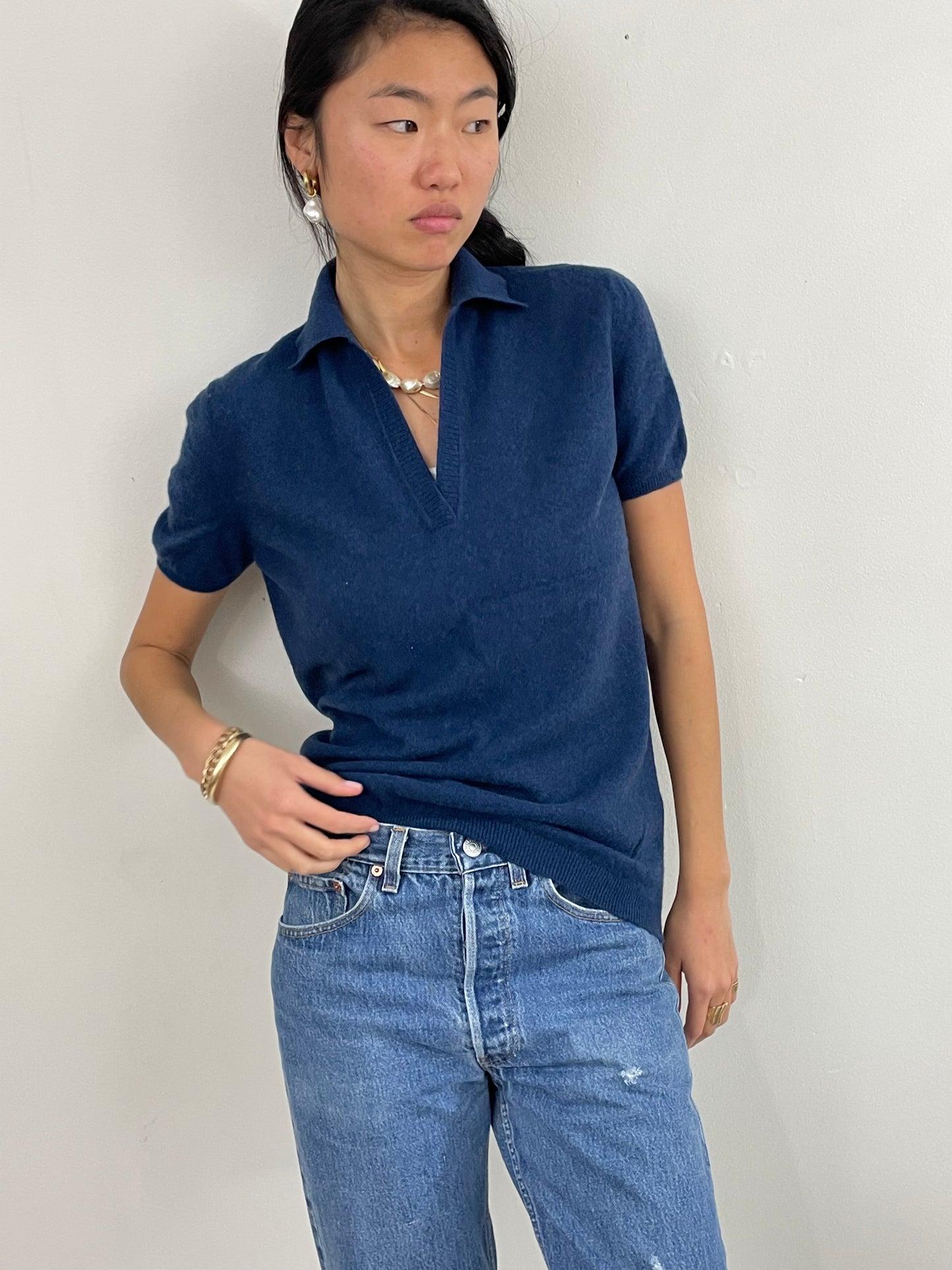 Vintage Paul Stuart Cashmere Collared Short Sleeve Sweater Medium