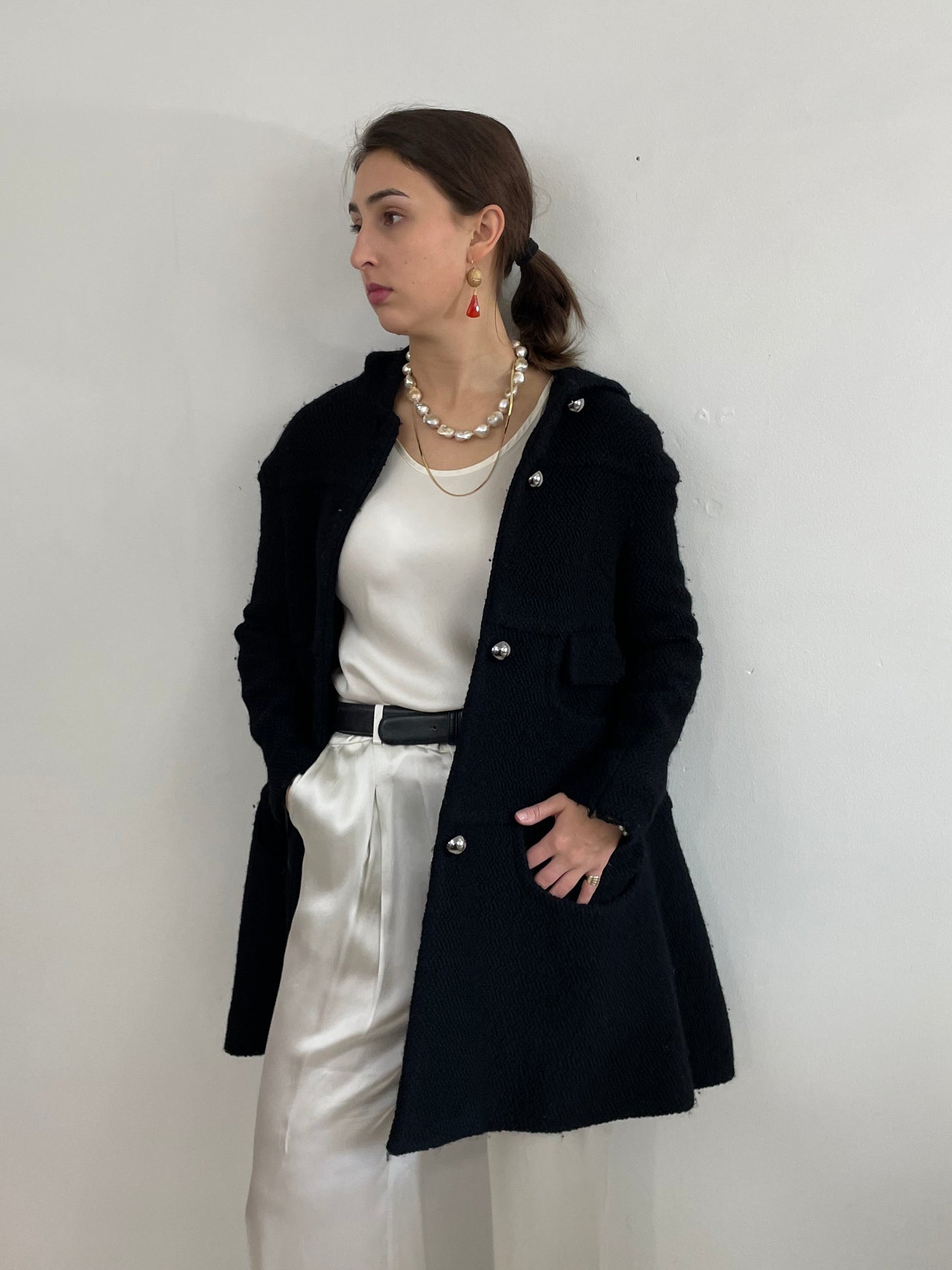 Vintage Black Boucle Wool Martin Grant Paris Hooded Swing Coat + Silver Buttons