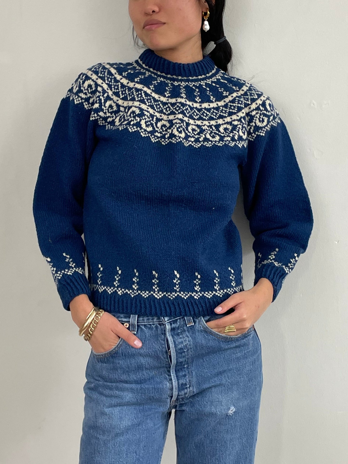 Vintage Hand Knit Swedish Fair Isle Wool Sweater Small