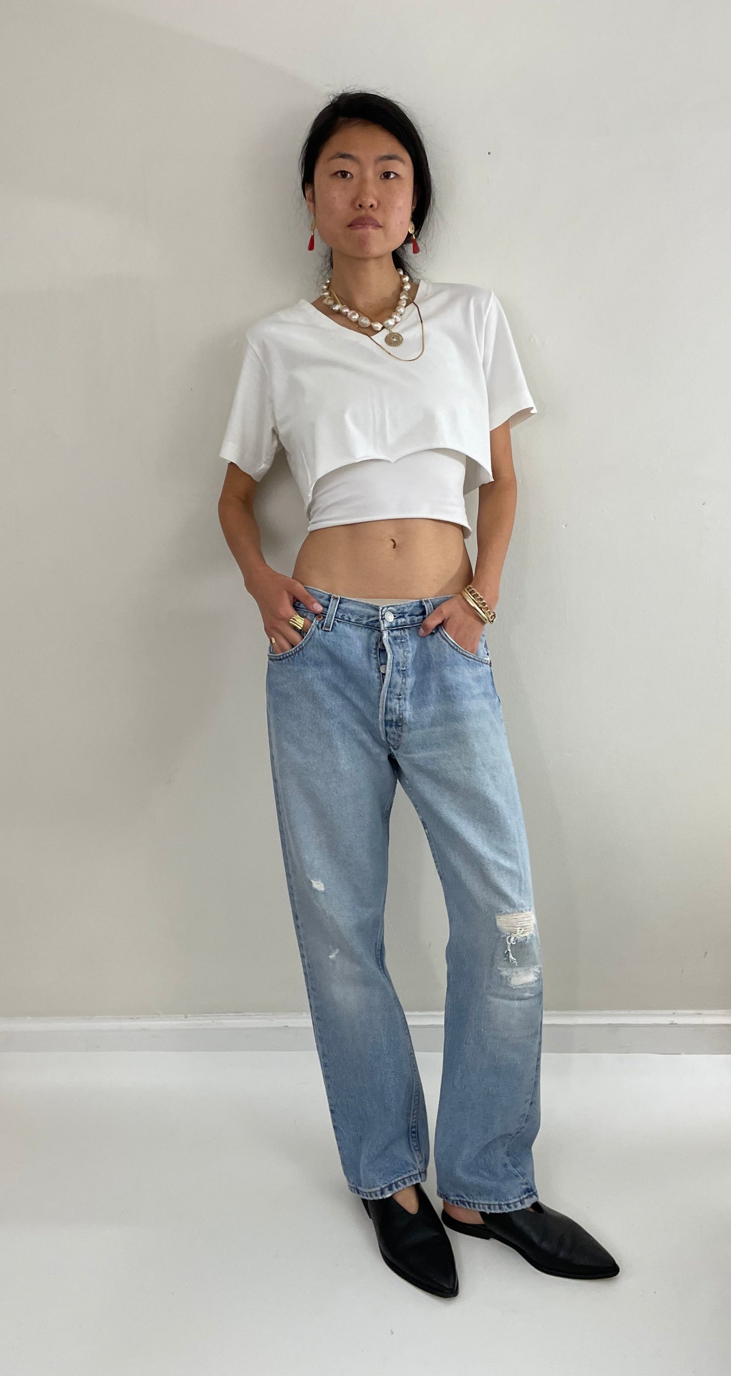 RESERVED Vintage 80s Levi's 501 faded button fly medium wash red tab patched knee Levis iconic jeans size 32 x 29