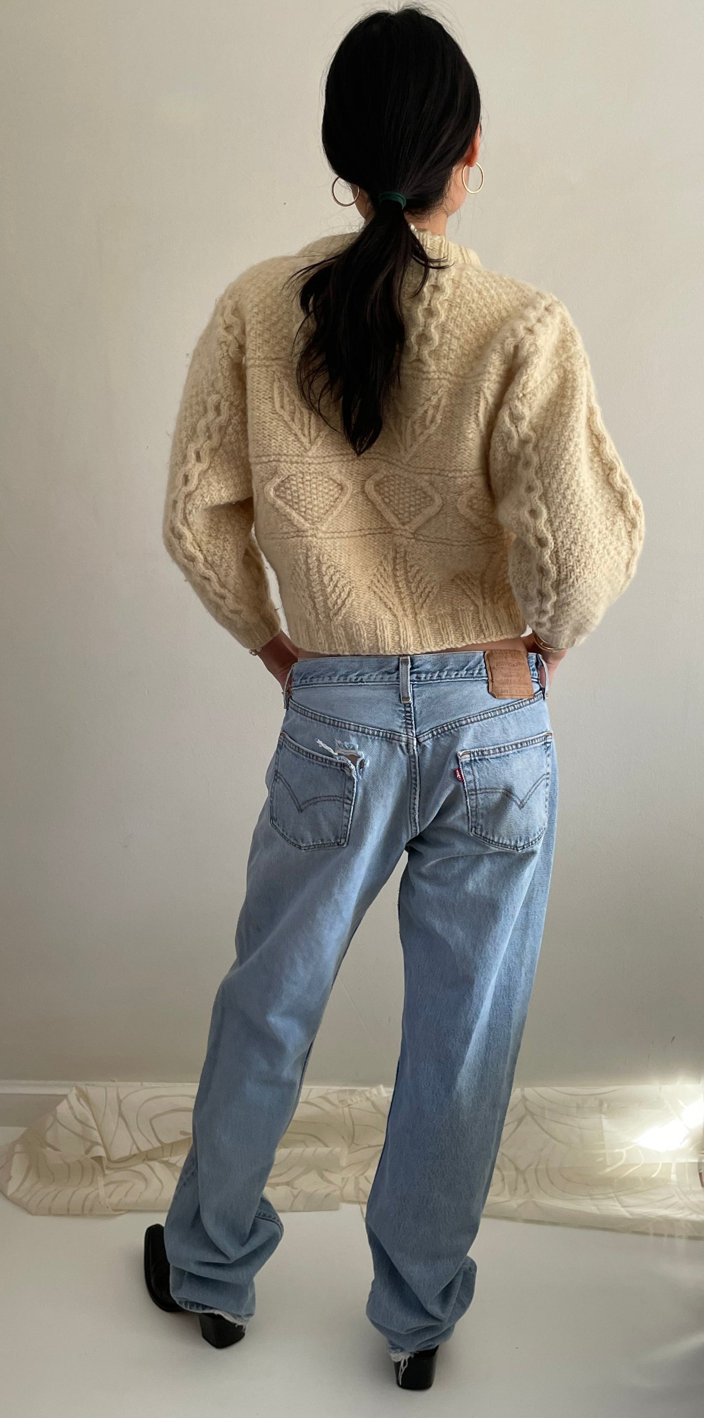 vintage cropped wool fisherman knit hand knit aran Irish weekend sweater