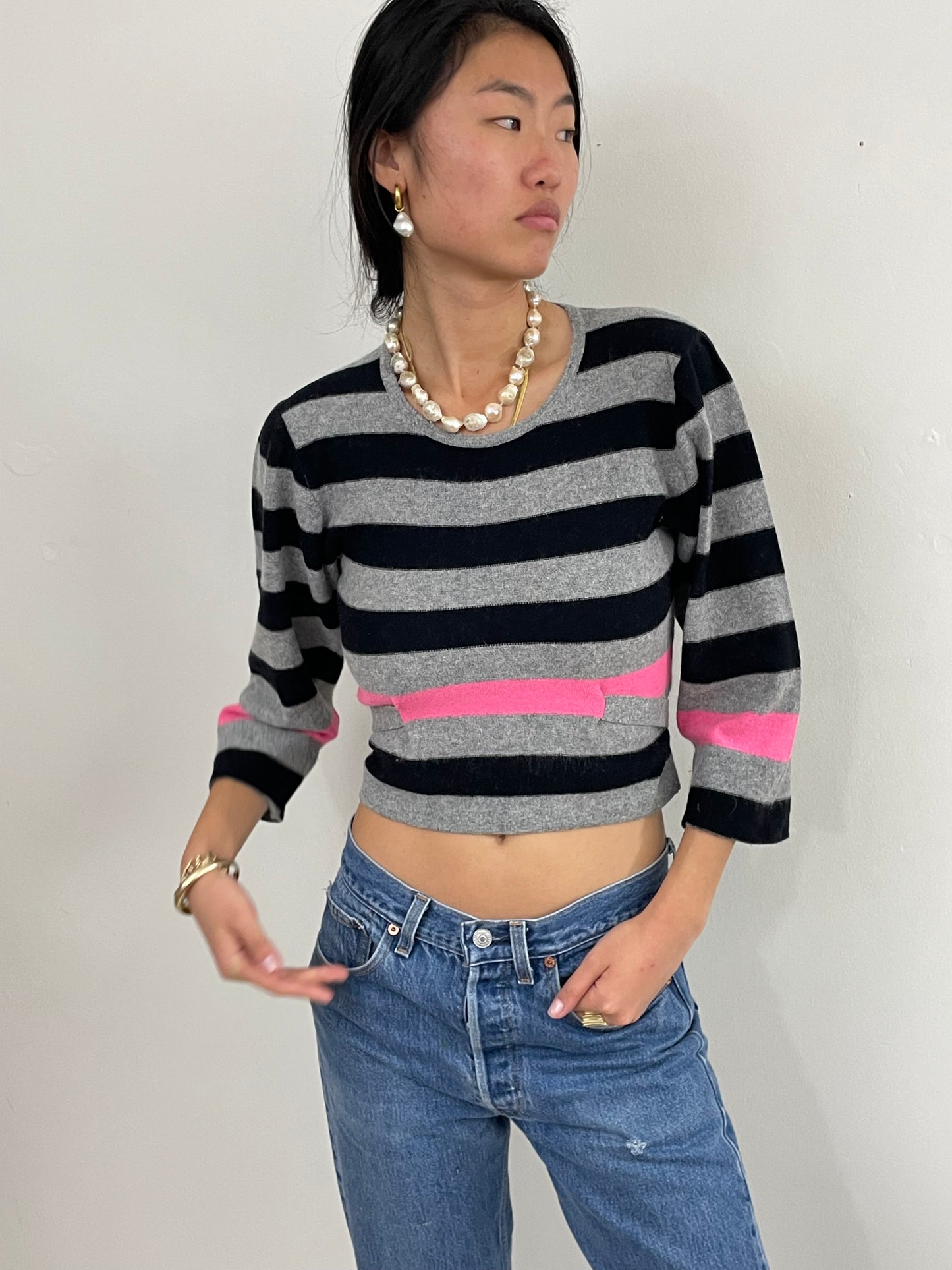 Vintage 80s Sonia Rykiel Striped Lambswool Cropped Sweater Italy