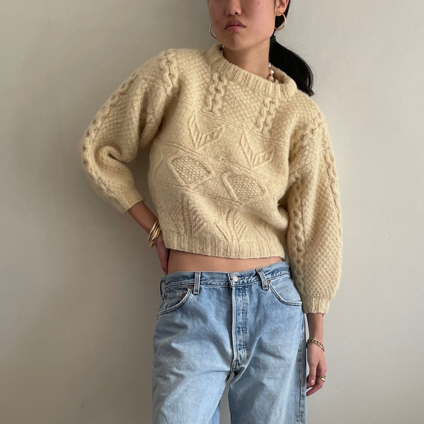 vintage cropped wool fisherman knit hand knit aran Irish weekend sweater