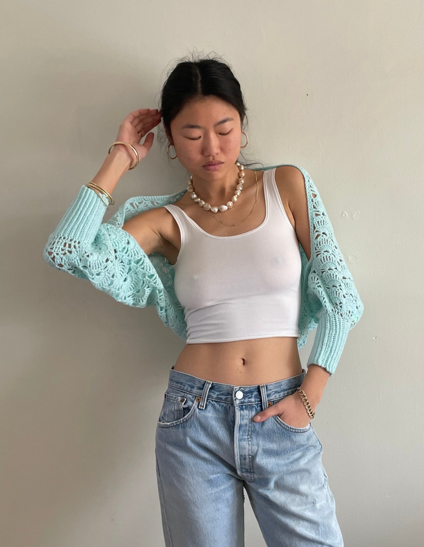 vintage aqua seafoam hand crochet cropped sweater shrug