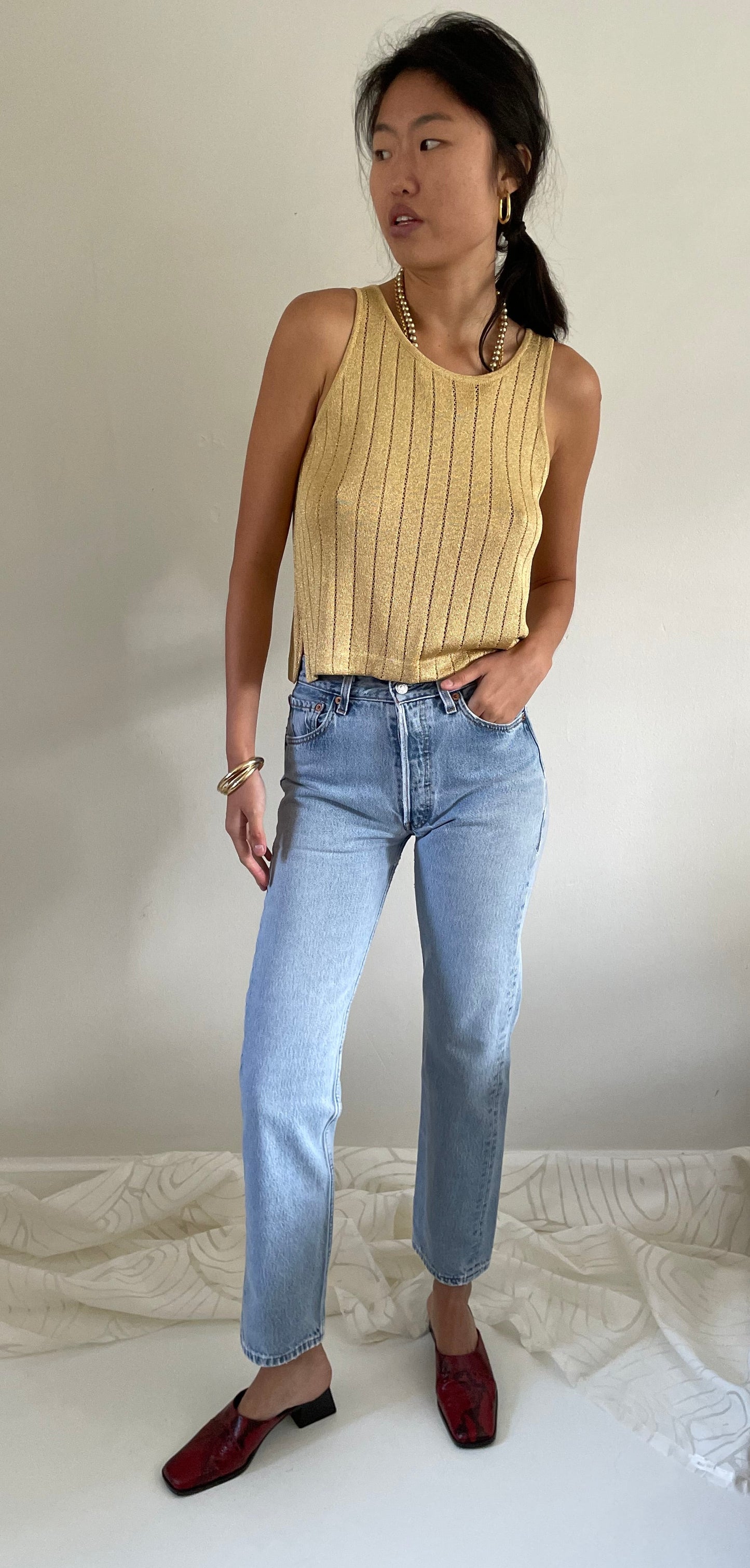 Vintage St John gold pointelle knit sleeveless sweater tank shell