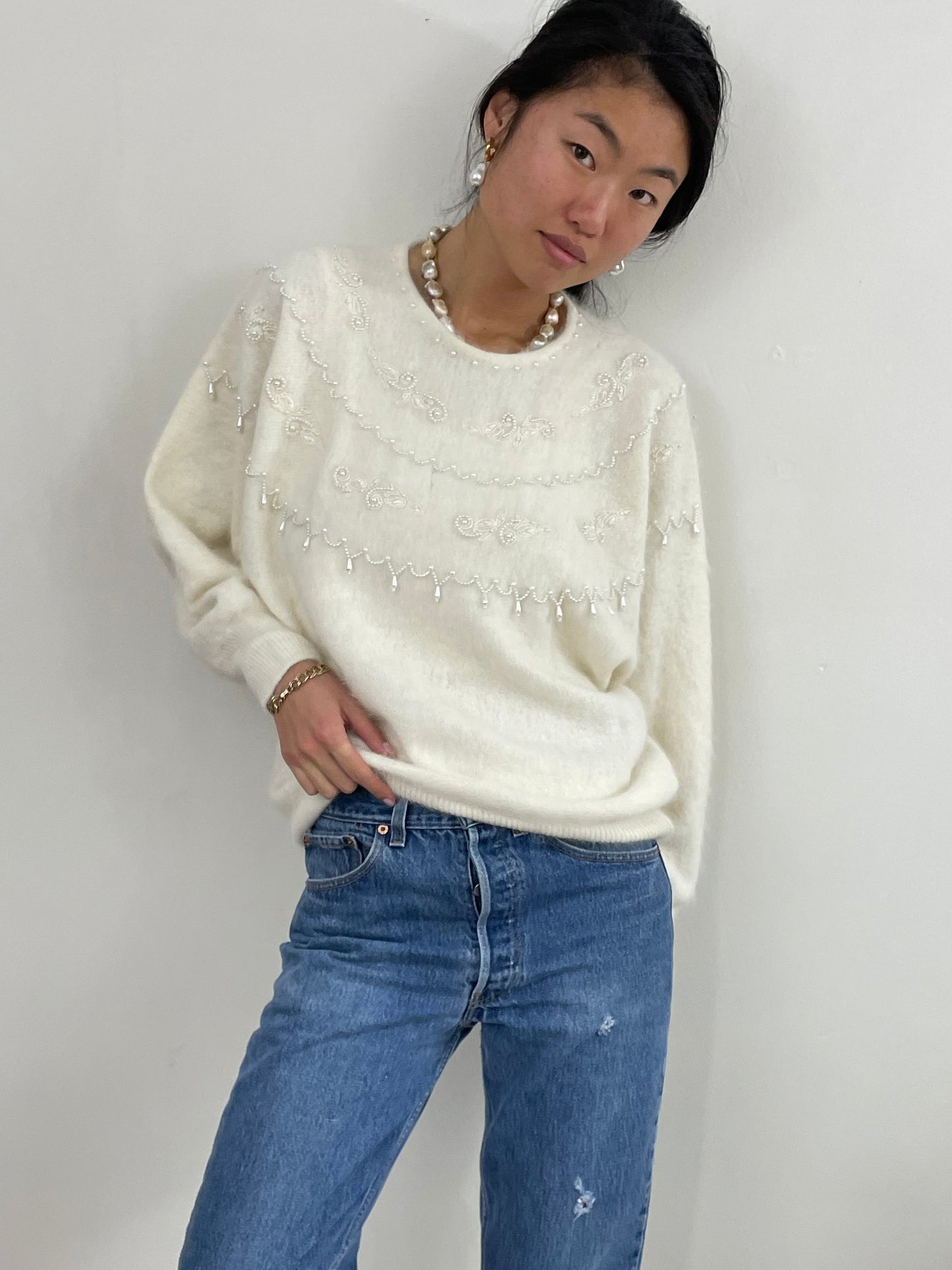 Vintage 90s Angora Beaded White Batwing Sweater Tunic Large