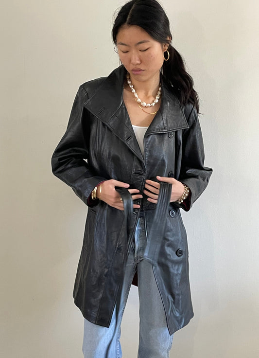 90s vintage black belted leather jacket