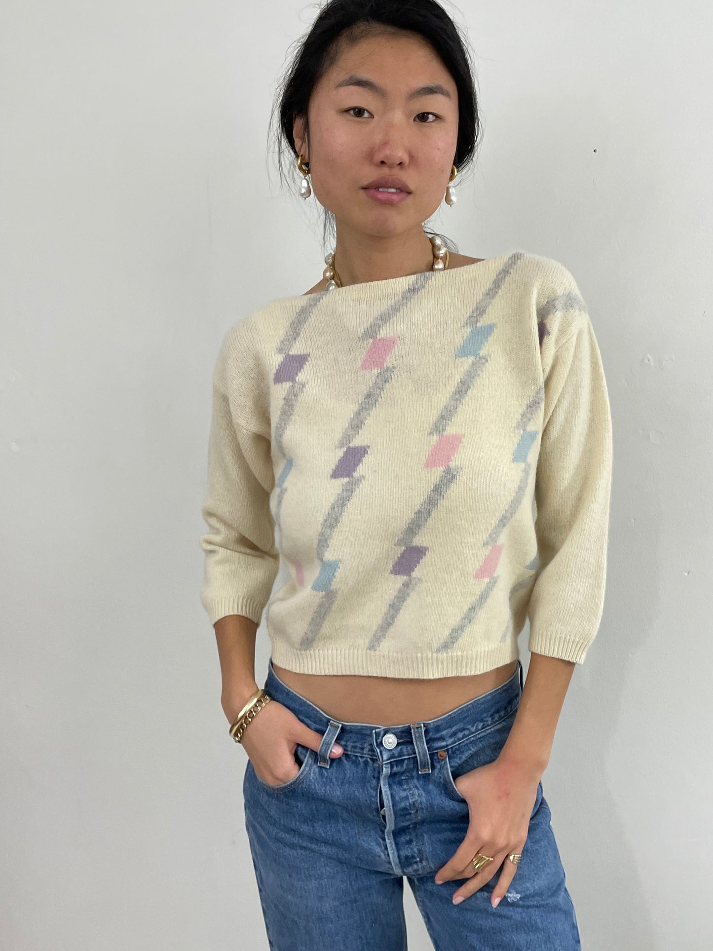 Vintage 70s Lambswool Intarsia Boatneck Cropped Sweater