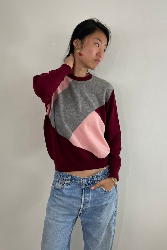 Vintage 100% Cashmere Intarsia Knit Crewneck Pullover Wine Pink Gray ColorBlock Medium