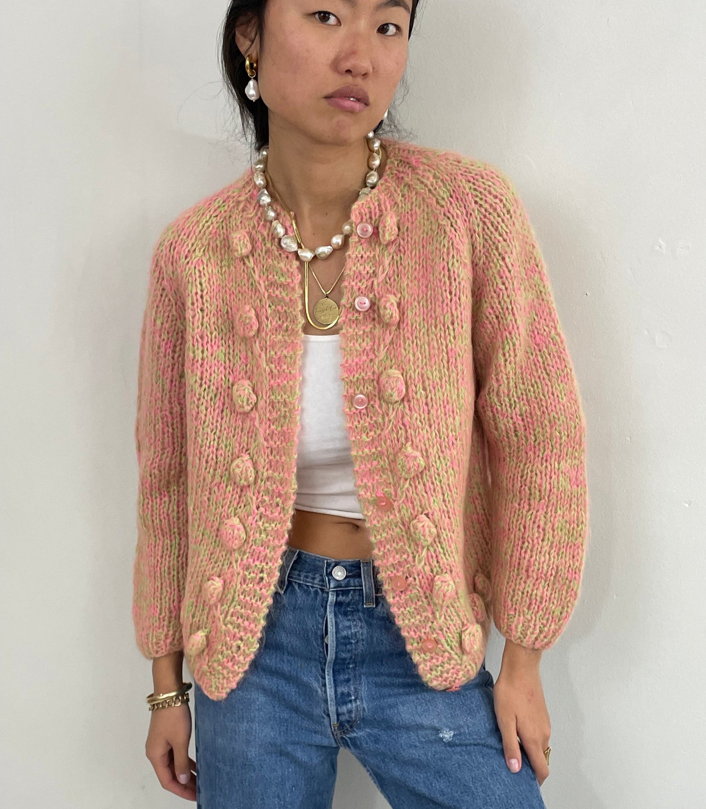 Vintage 60s Mohair Hand Knit Variegated Fuzzy Cardigan M