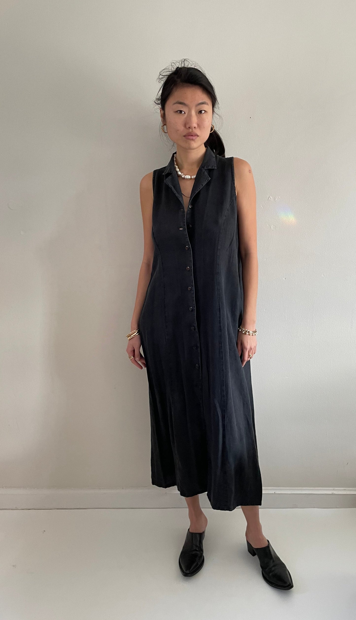 vintage 90s 100% linen black maxi sleeveless shirt dress Med