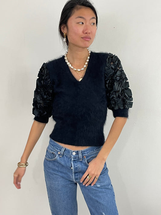 Vintage 80s Angora Puff Sleeve Black Fuzzy Sweater Med
