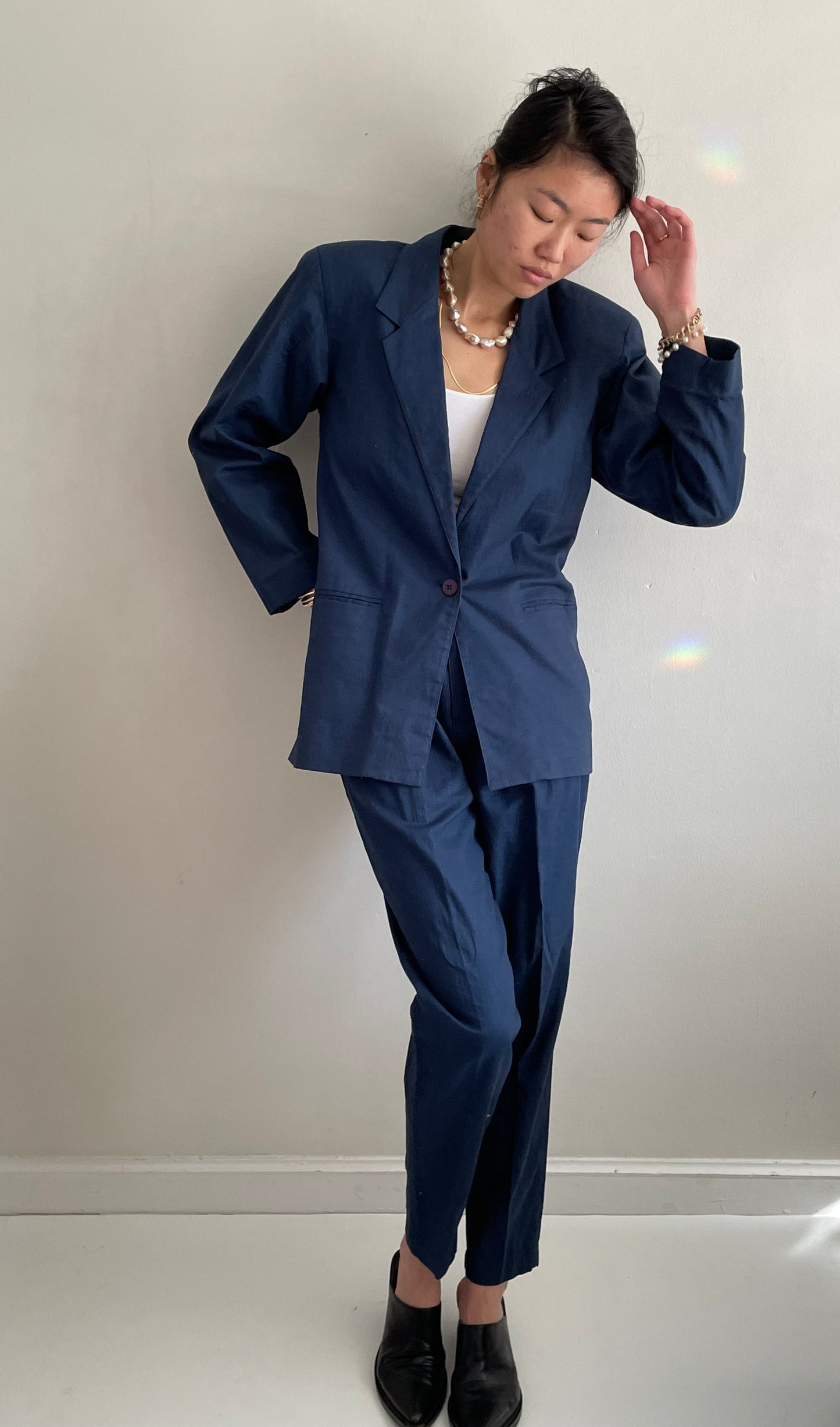 Vintage 90s Linen Pant Suit: blue blazer + pleated pants size 2/4