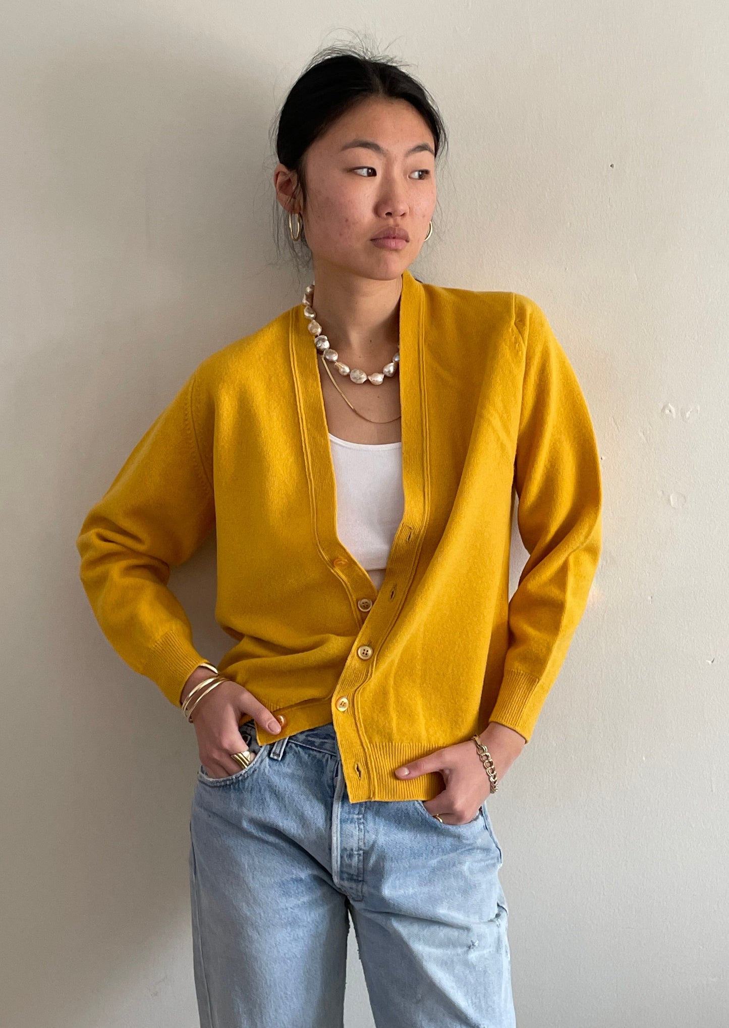 vintage 1950s HAWICO lambswool mustard yellow grandpa cardigan sweater