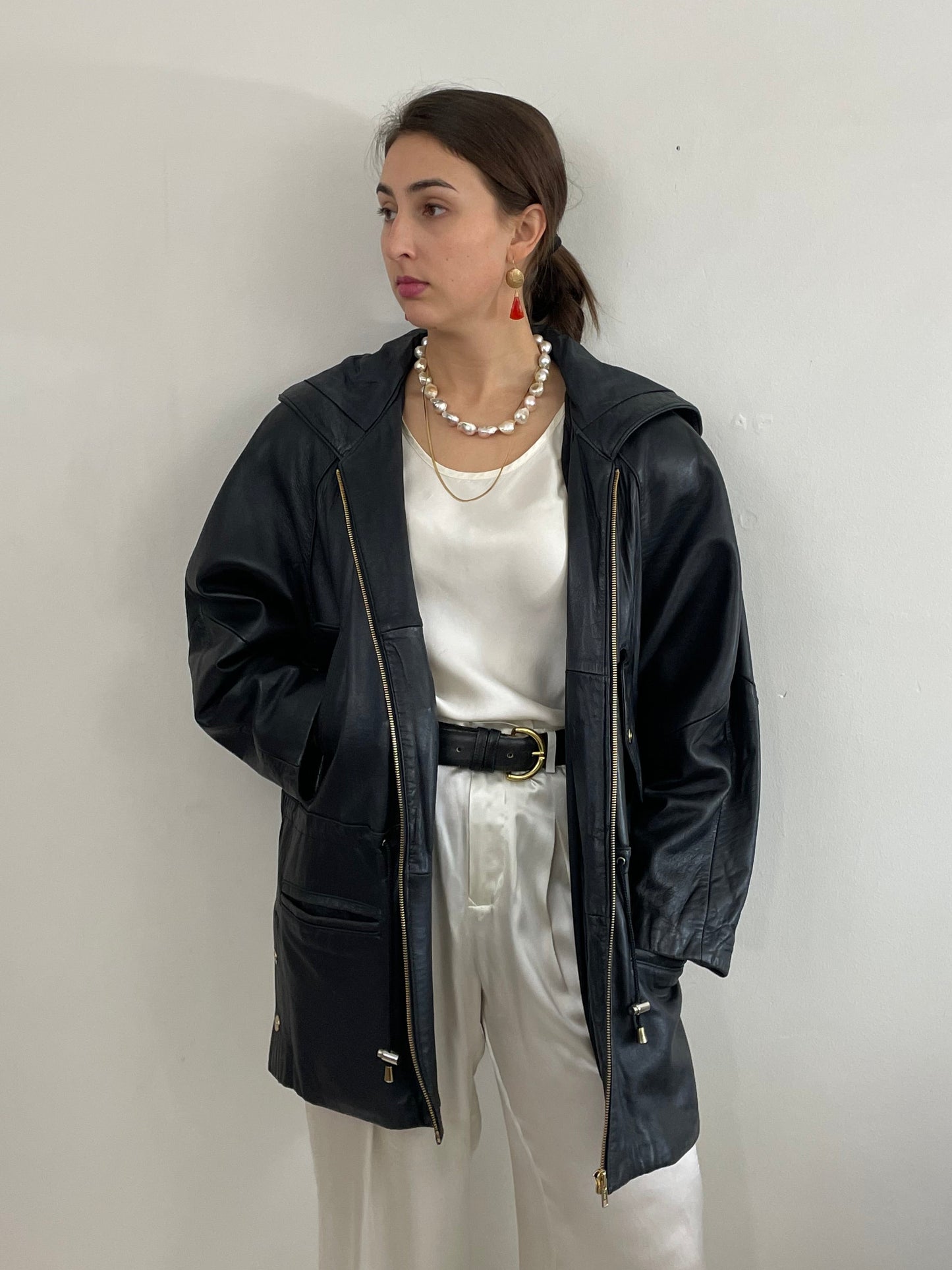 Vintage 90s Black Leather Jacket: Hooded Raglan Sleeve Zip Front Coat Medium