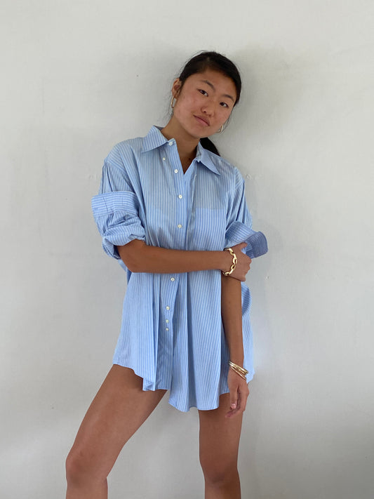 vintage baby blue boyfriend shirt | oversized cotton pinstripe Brooks Brothers mens button down shirt blouse | XL