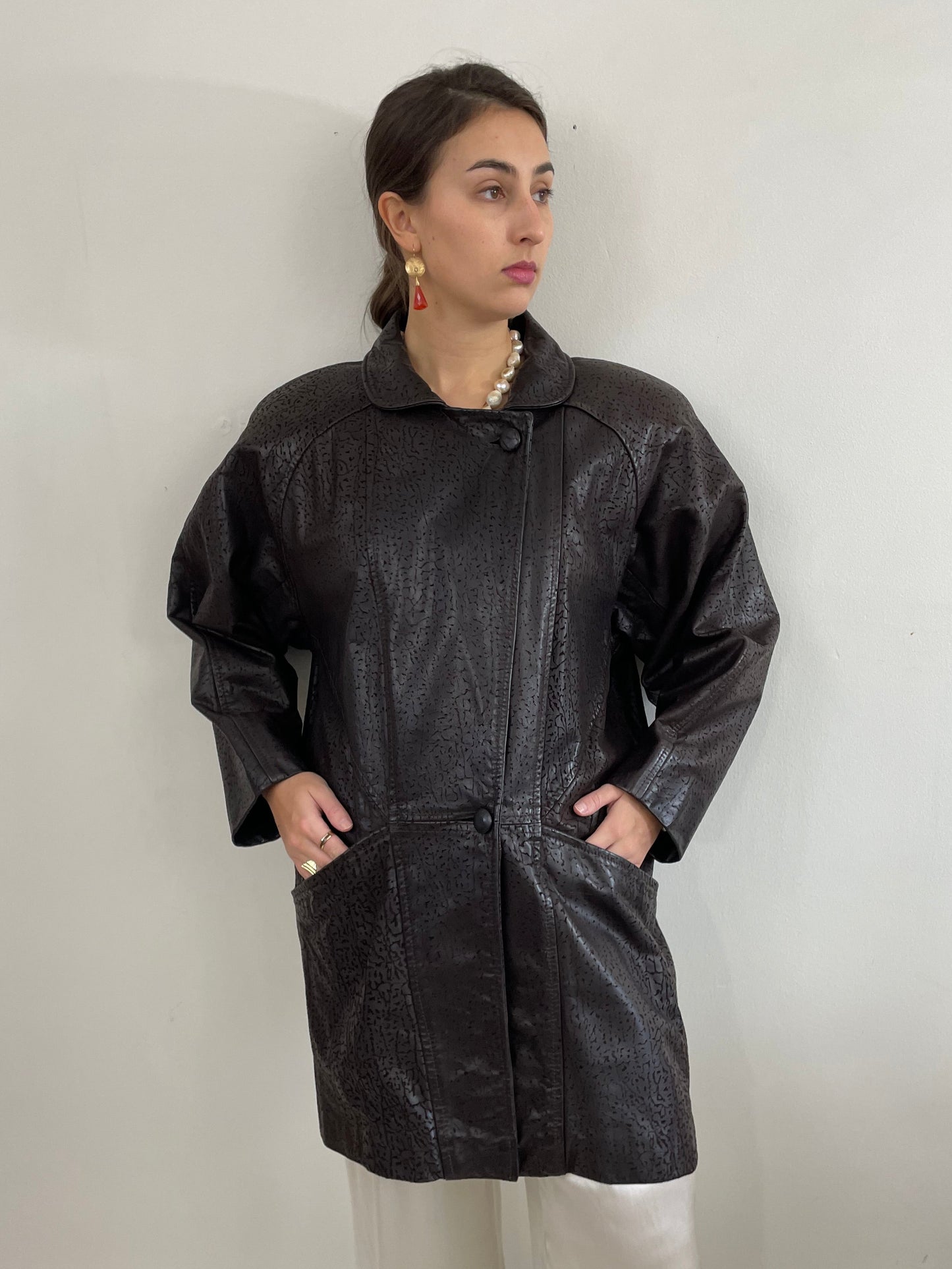 90s Embossed Leather Slouchy Brown Coat Jacket | Medium