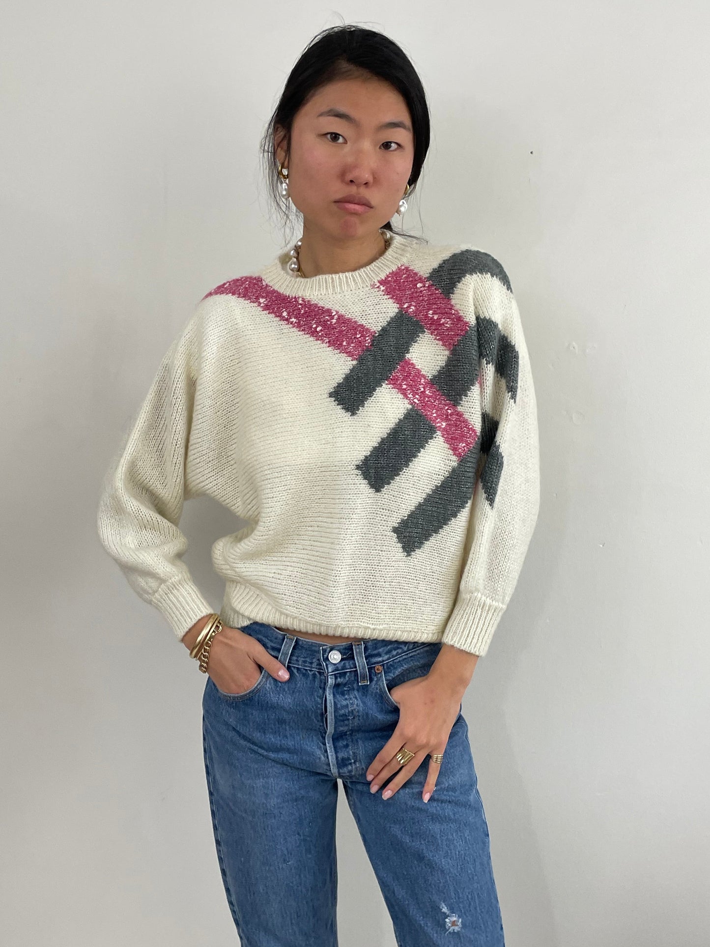Vintage 90s Striped Batwing Acrylic Wool Blend Fuzzy Intarsia Sweater