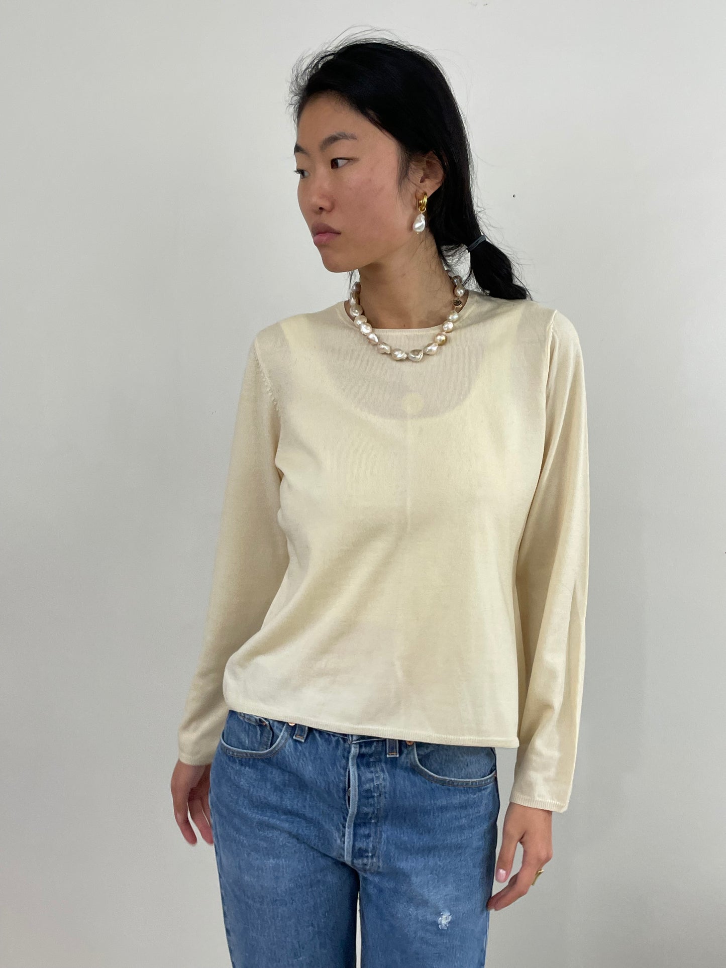 Vintage Merino Wool Lightweight Crewneck Buttercream Sweater