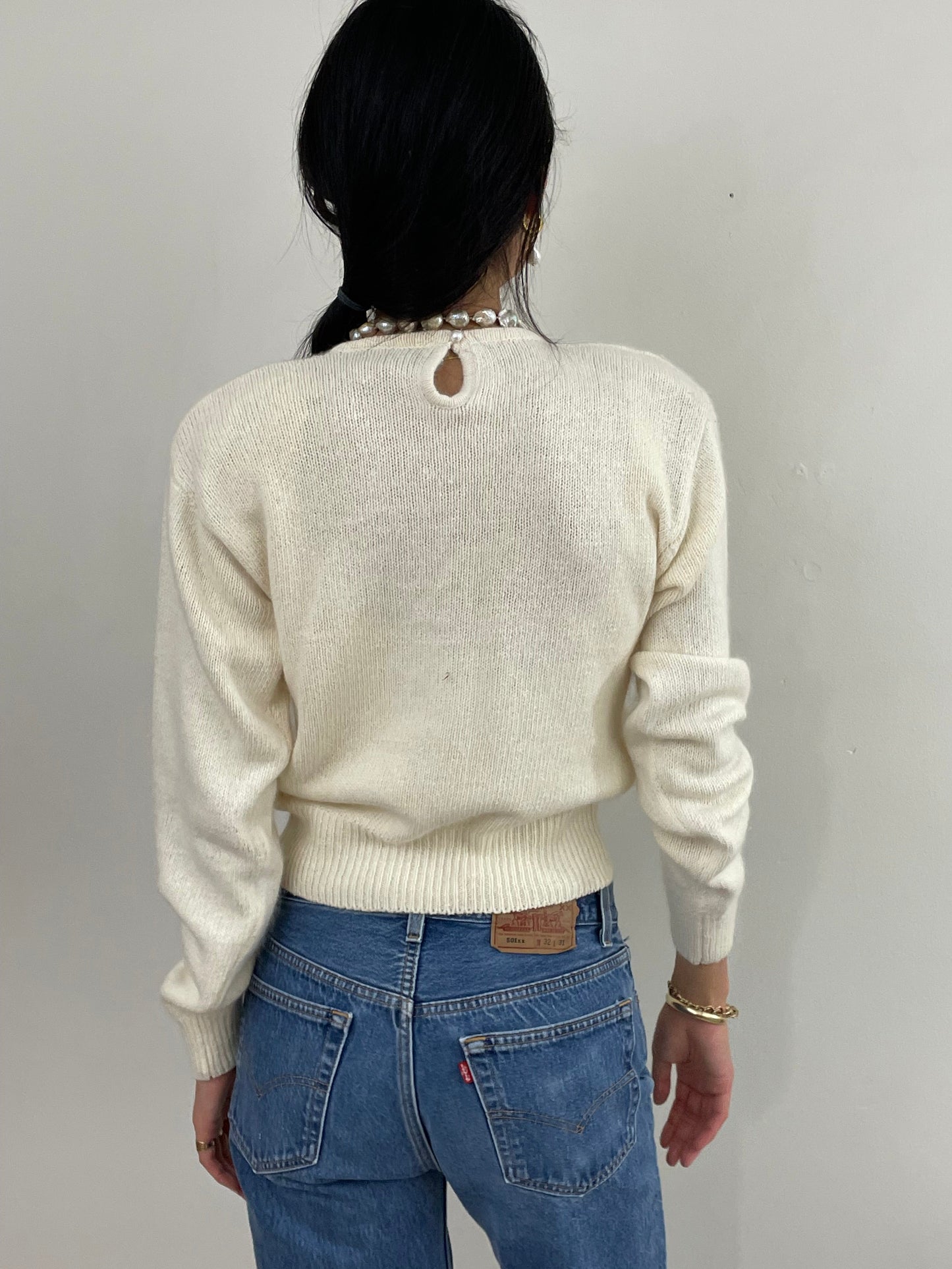 Vintage 90s White Sequins Disco Ball Silk Angora NWT Sweater Med