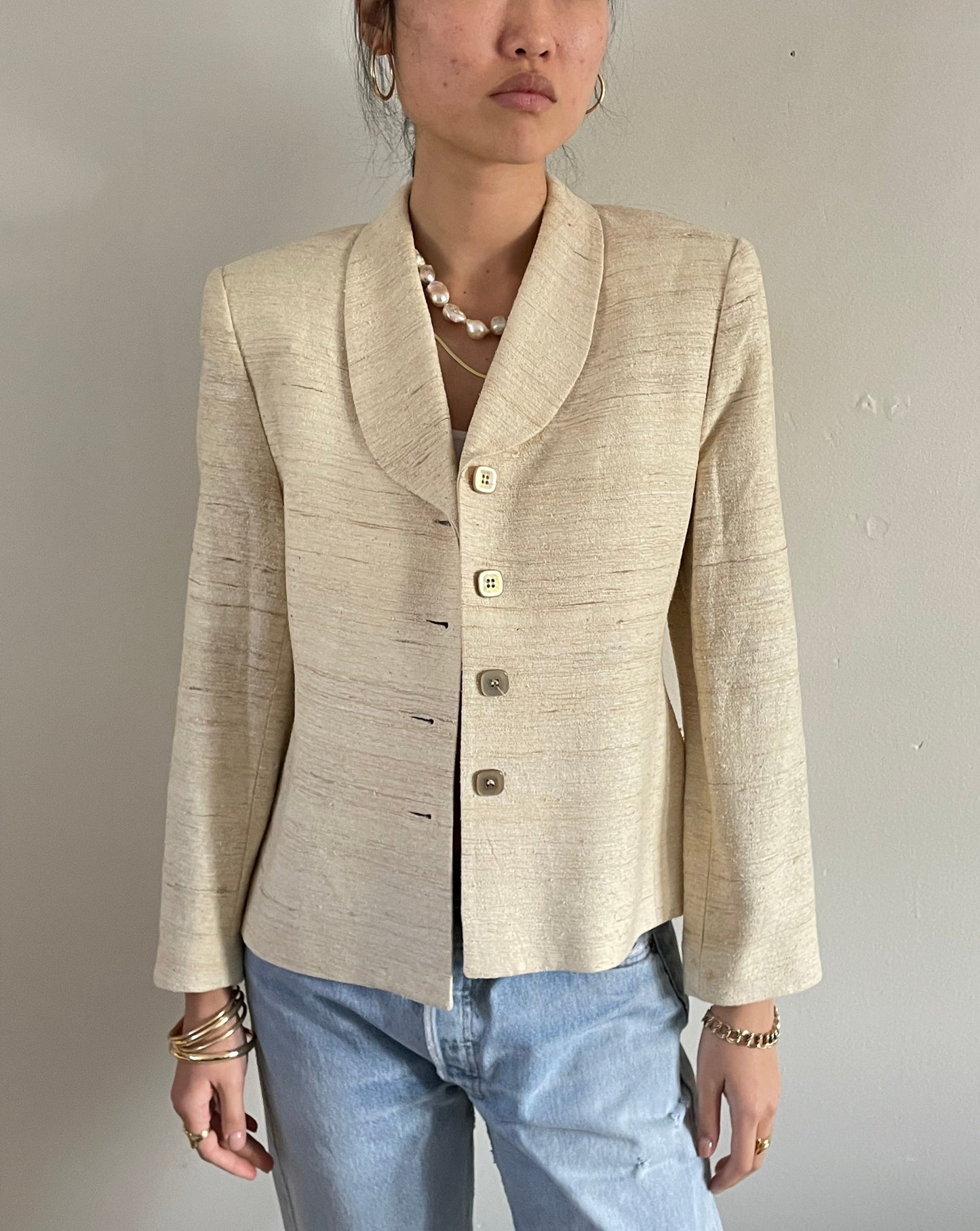 vintage raw silk oatmeal cropped blazer