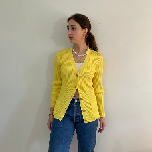 Vintage neon yellow ribbed knit V neck cardigan button front sweater | Medium