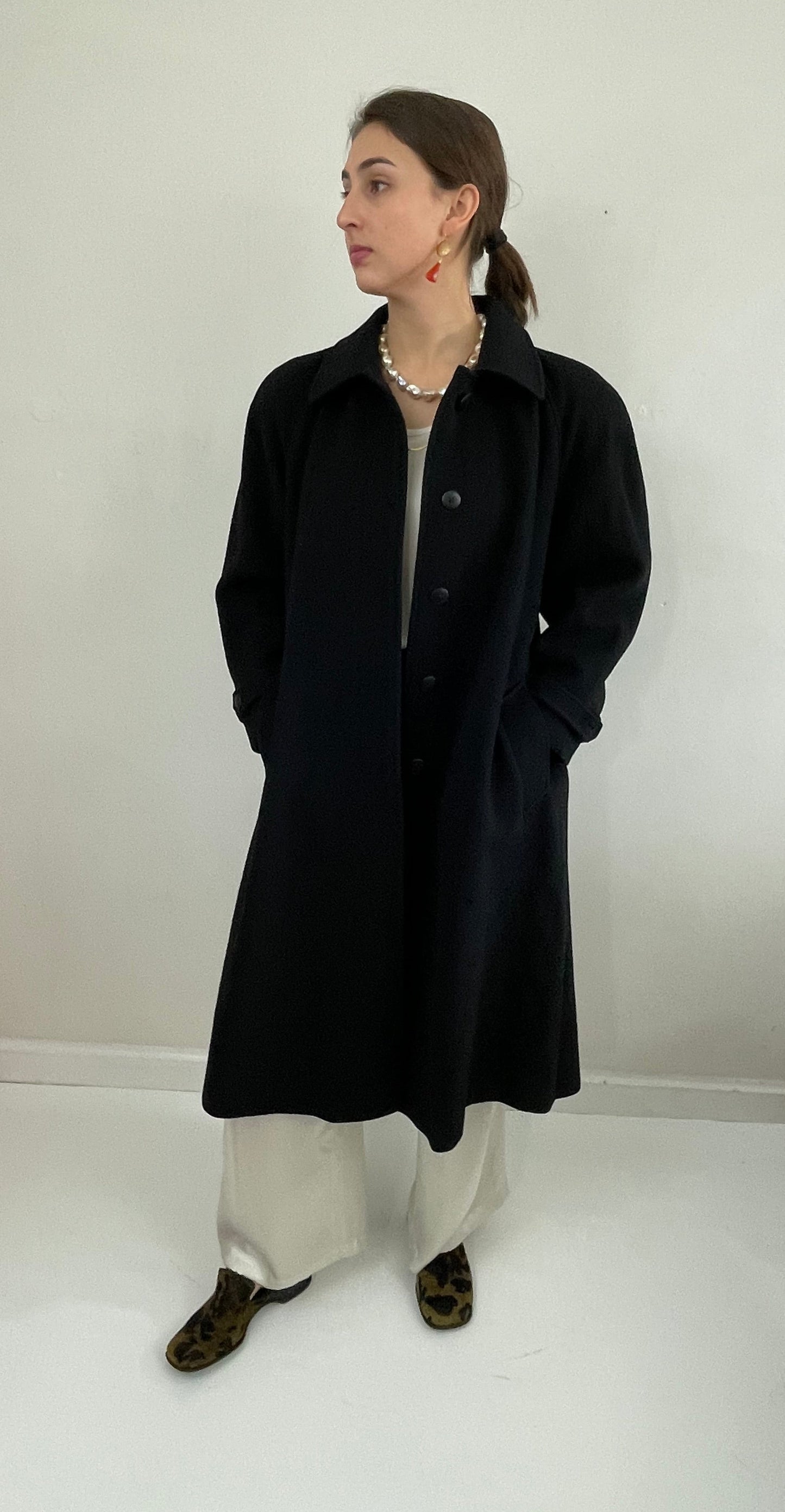 Vintage 90s Long Black Wool Overcoat Winter Coat