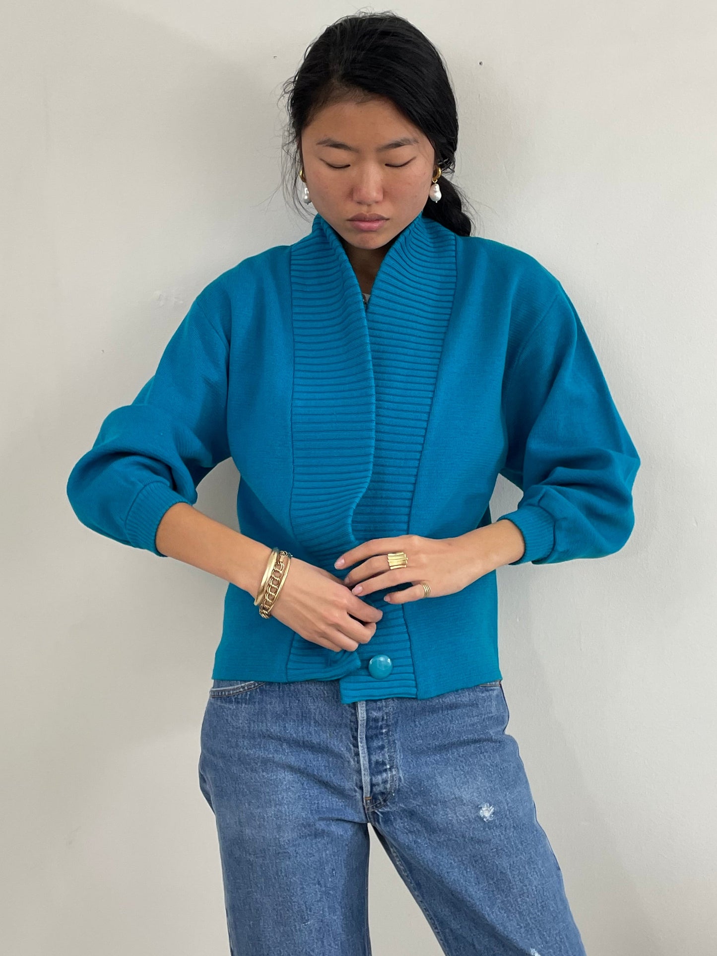 Vintage 70s Jaeger Wool Teal Shawl Collar Cardigan Small