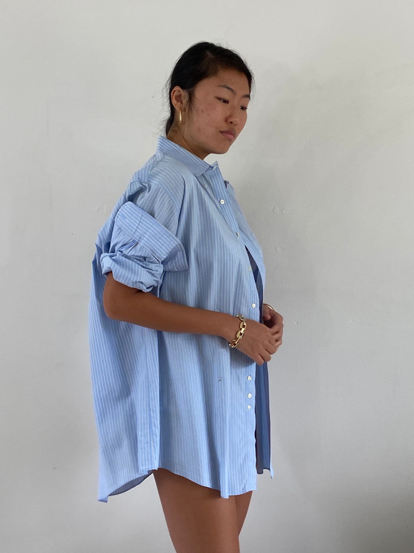 vintage baby blue boyfriend shirt | oversized cotton pinstripe Brooks Brothers mens button down shirt blouse | XL