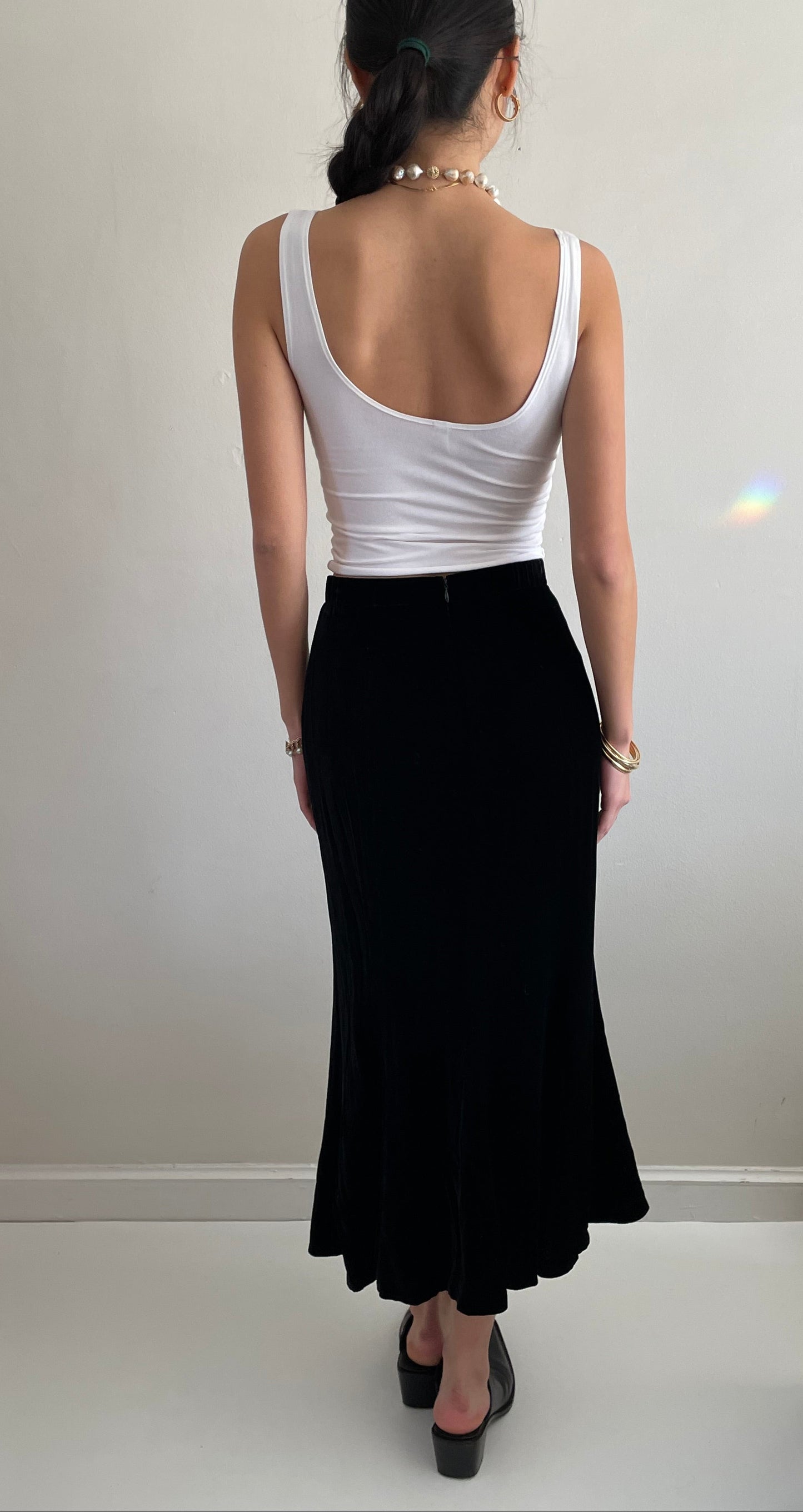 Vintage 90s Black Silk Velvet Tulip Maxi Skirt | 25 waist