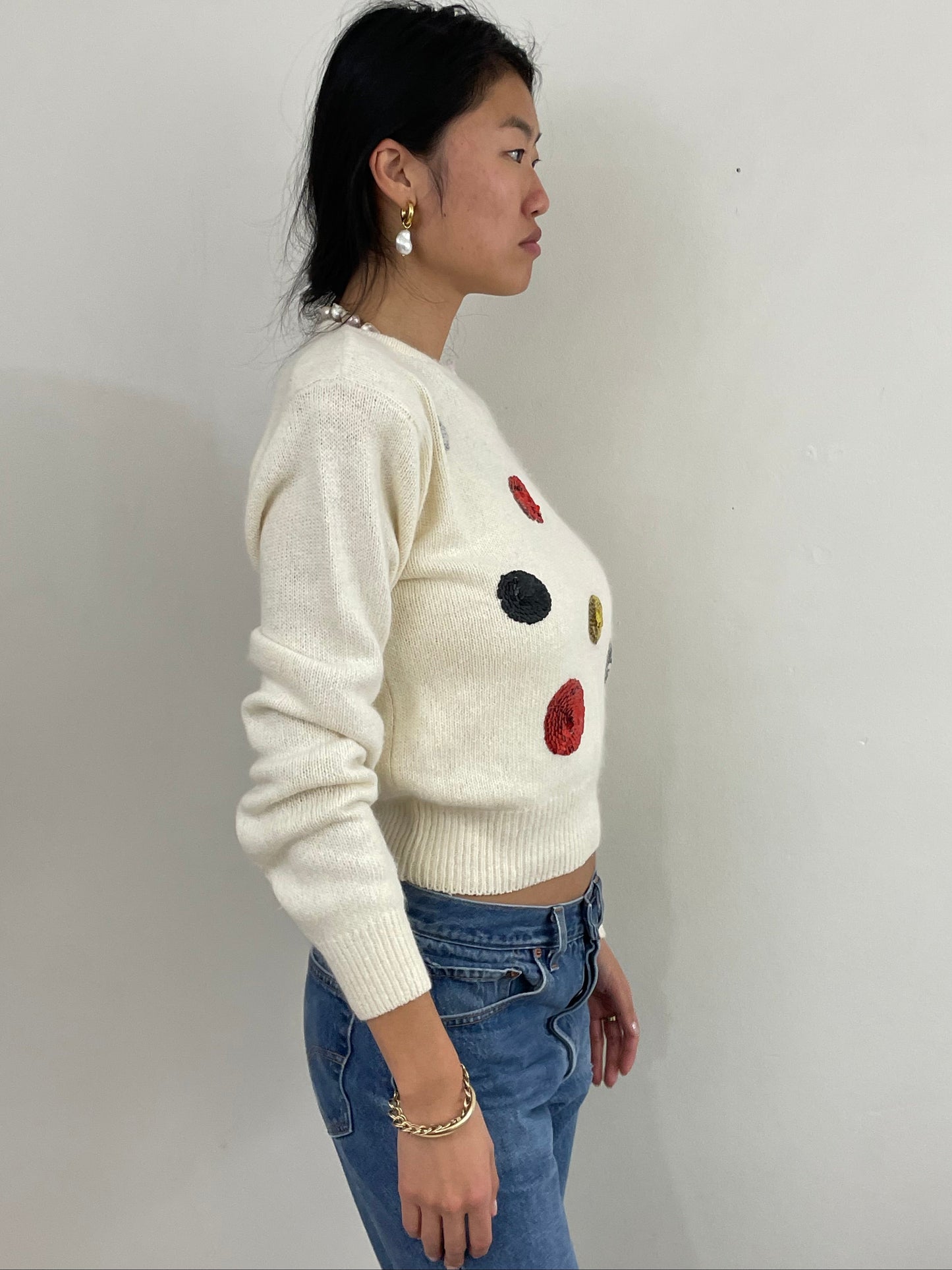 Vintage 90s White Sequins Disco Ball Silk Angora NWT Sweater Med