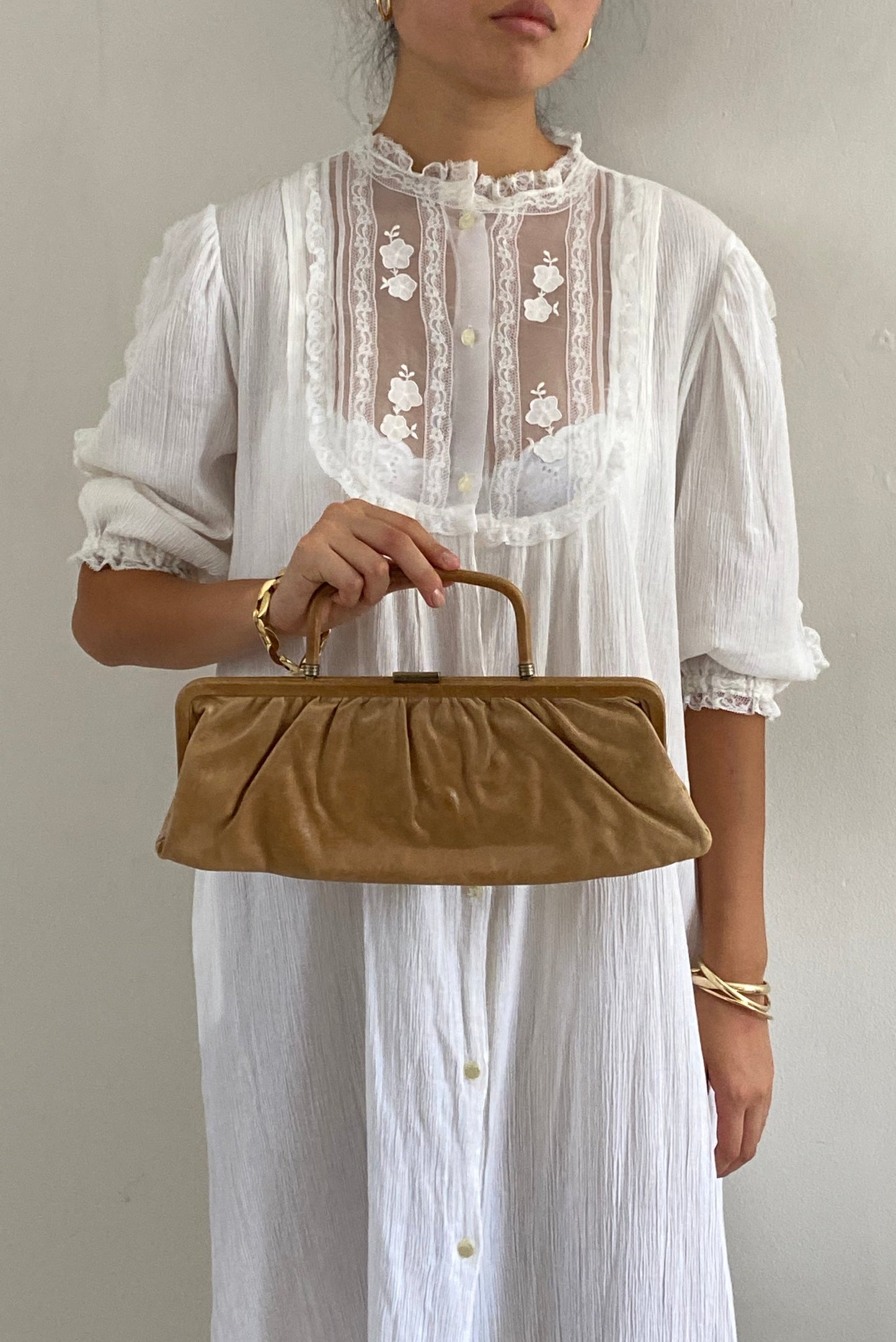 vintage leather baguette purse handbag | tan leather long smooth minimalist baguette with top handle