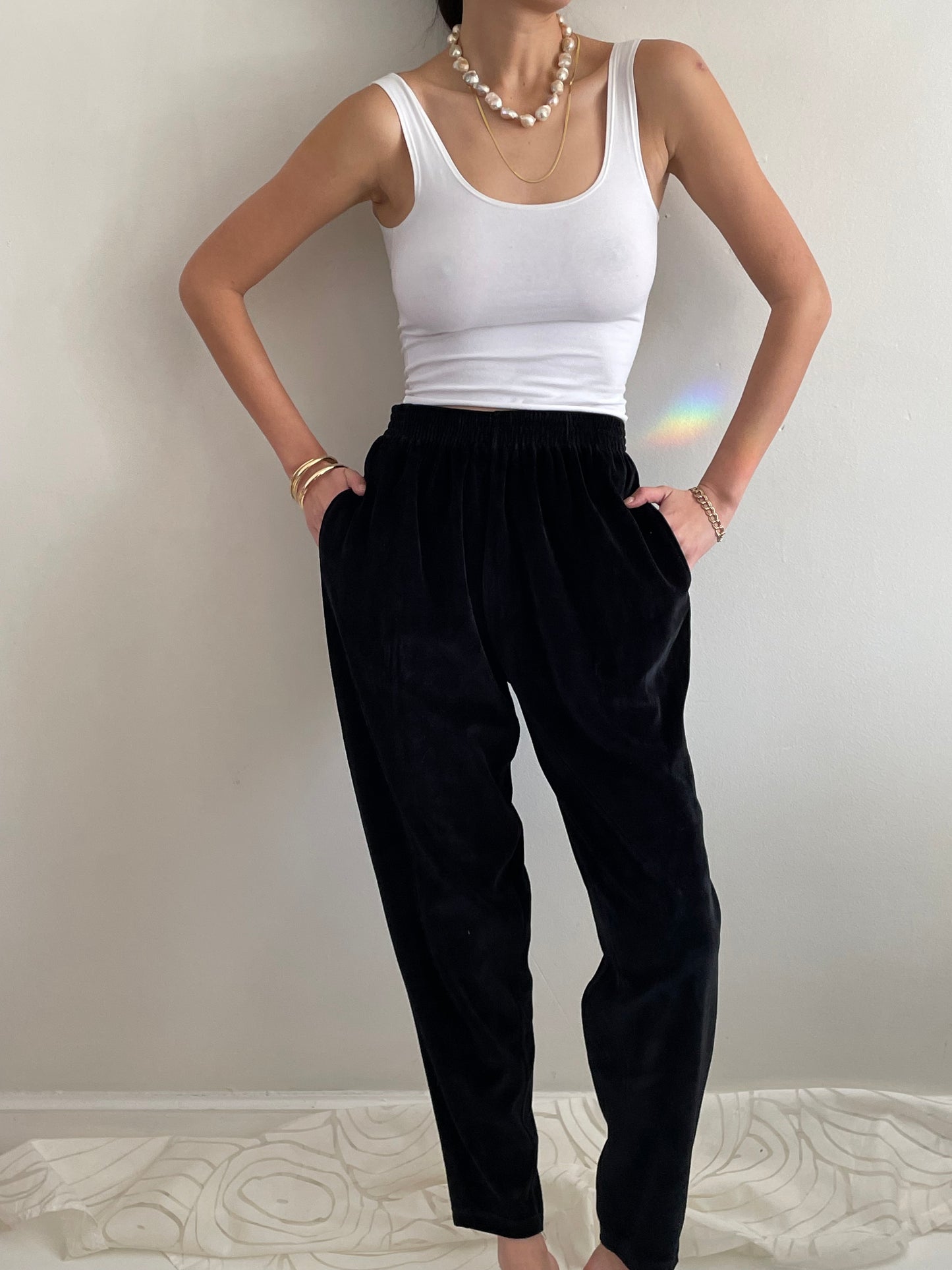 vintage 90s black velour elastic waist stretch velvet jogger pants