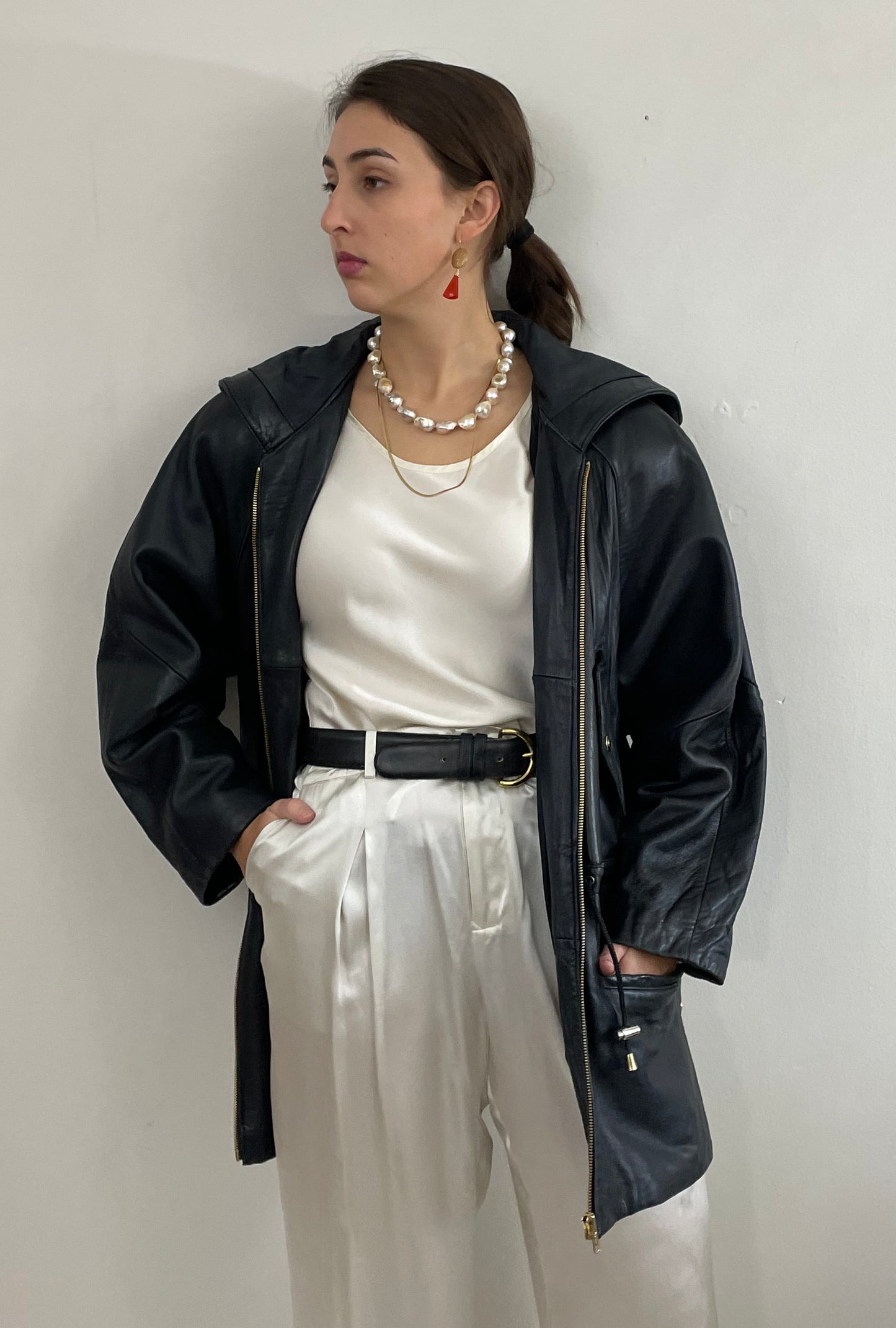 Vintage 90s Black Leather Jacket: Hooded Raglan Sleeve Zip Front Coat Medium