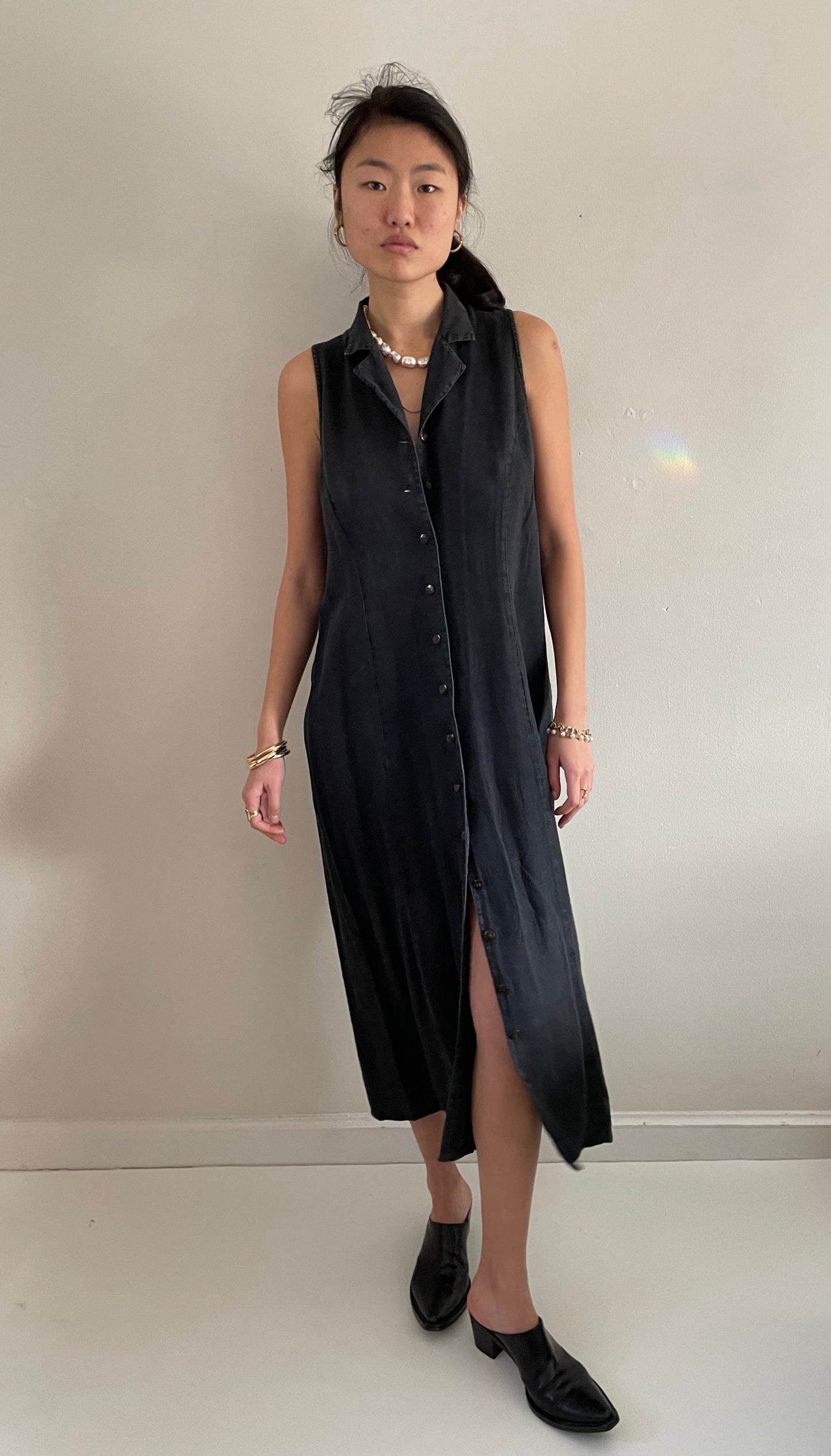 vintage 90s 100% linen black maxi sleeveless shirt dress Med