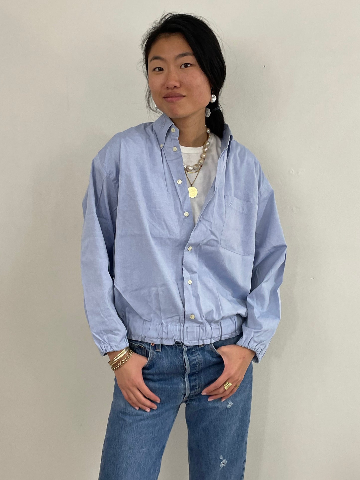 vintage 90s Ice Blue Cropped Blouson Cotton Shirt Blouse